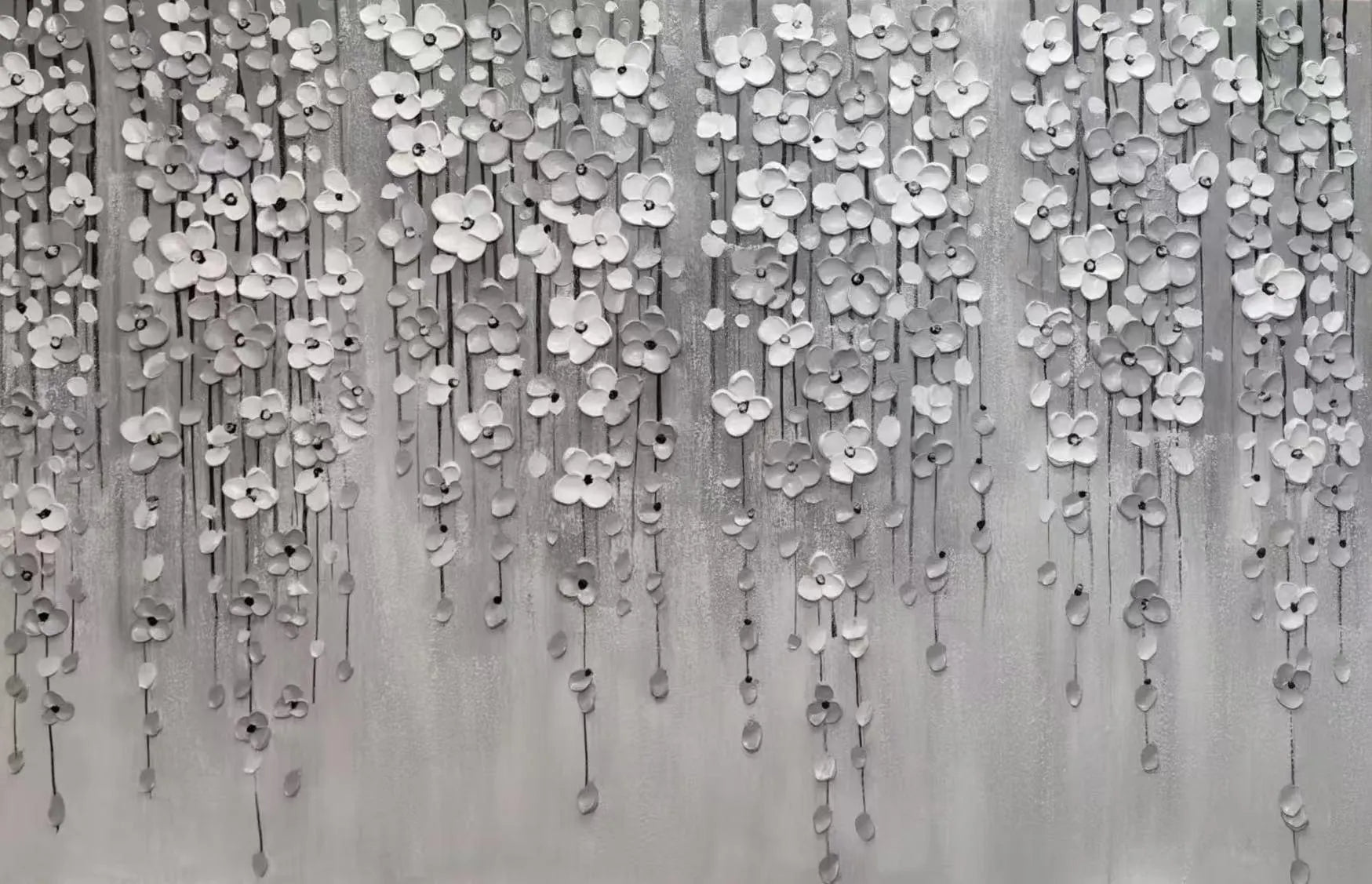 Whispering Shadows – Modern Minimalist Monochrome Oil Painting | Impasto Cascading Petal Living Room Art