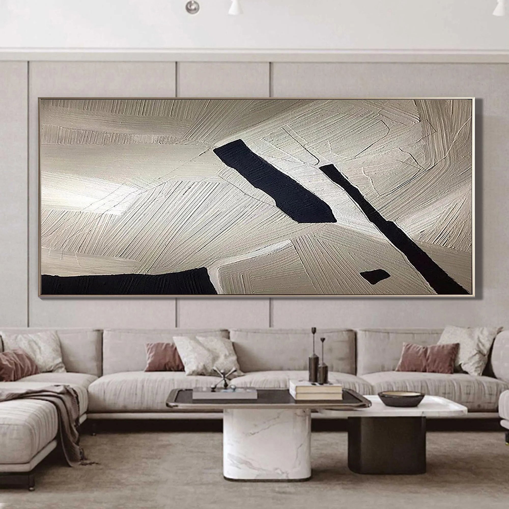 URBAN STRUCTURE: Panoramic 3D Heavy Texture Abstract Wall Art, Modern Black & Sand Plaster Relief