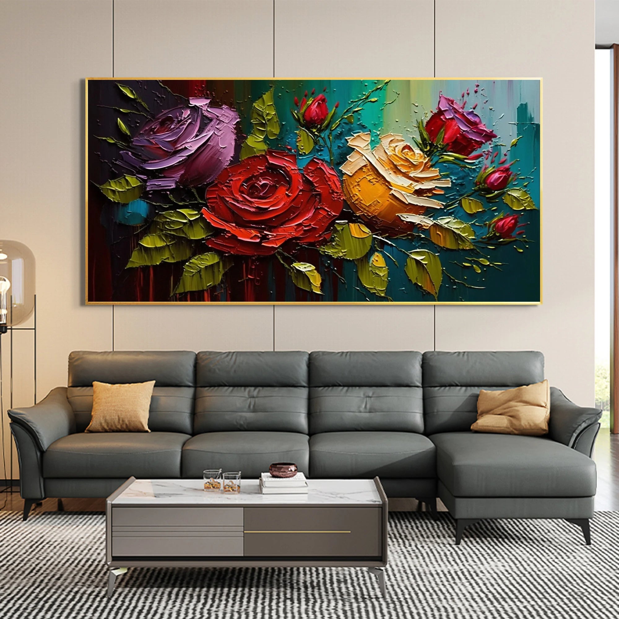 Velvet Roses – Vibrant Floral Relief Floral Painting | Vibrant Botanical Living Room & Dining Room Art