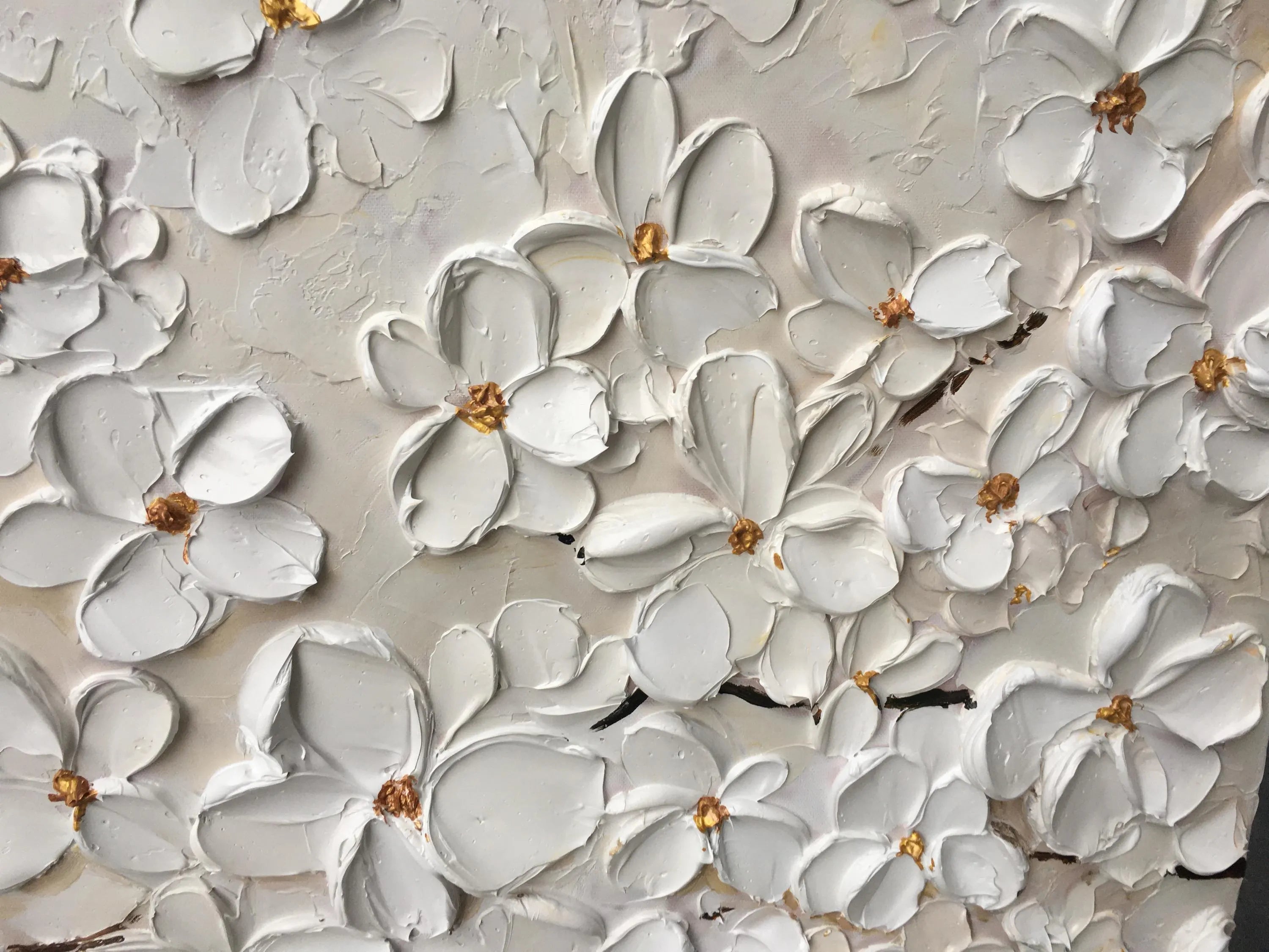 Champagne Melodies – Luxury All-White Floral Heavy Textured Painting | Large Horizontal Living Room Art