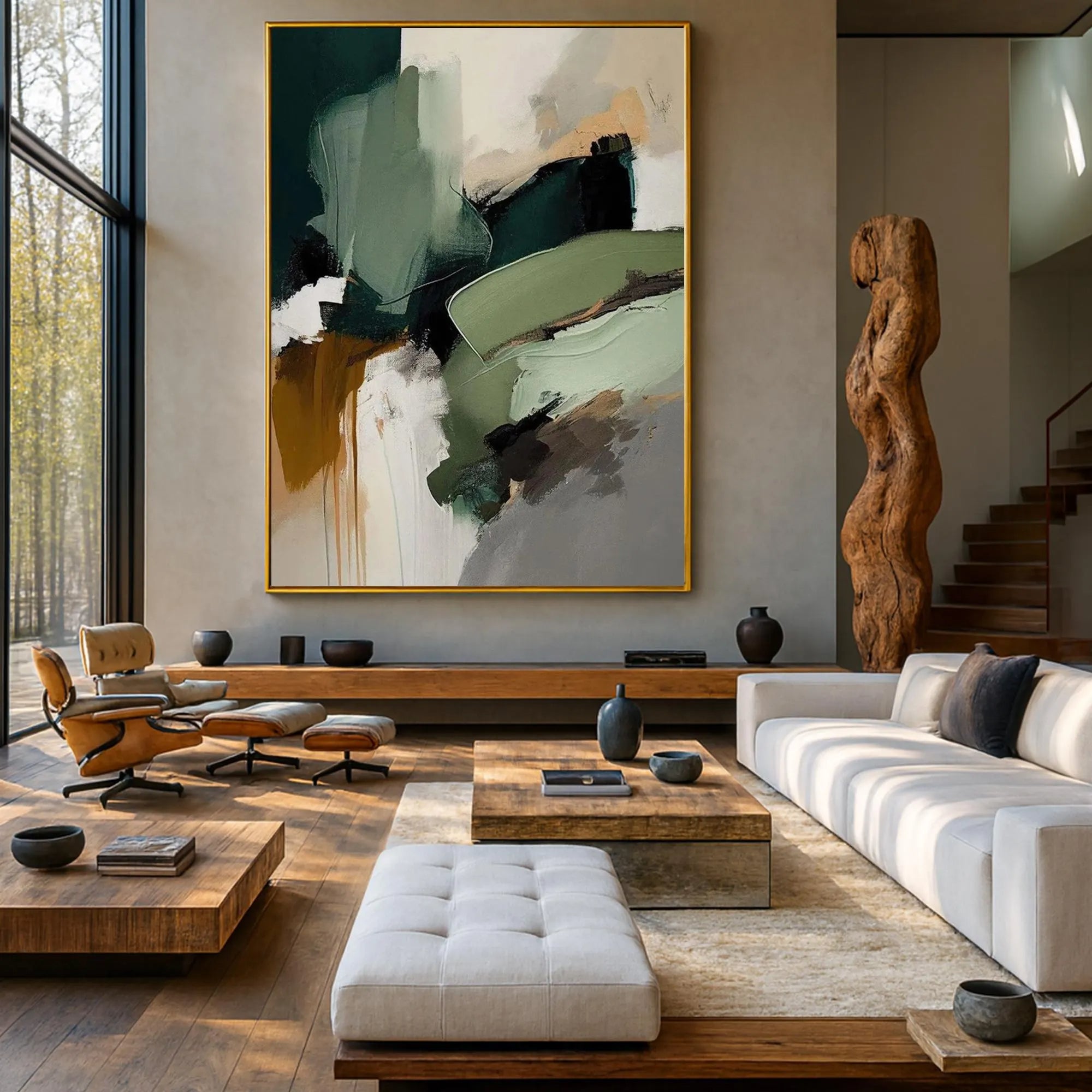 Earthen Rhythm – Hand-Painted Moss Green and Ochre Large Brushstroke Modern Texture Painting | Japandi Wabi-Sabi Living Room & Bedroom Art