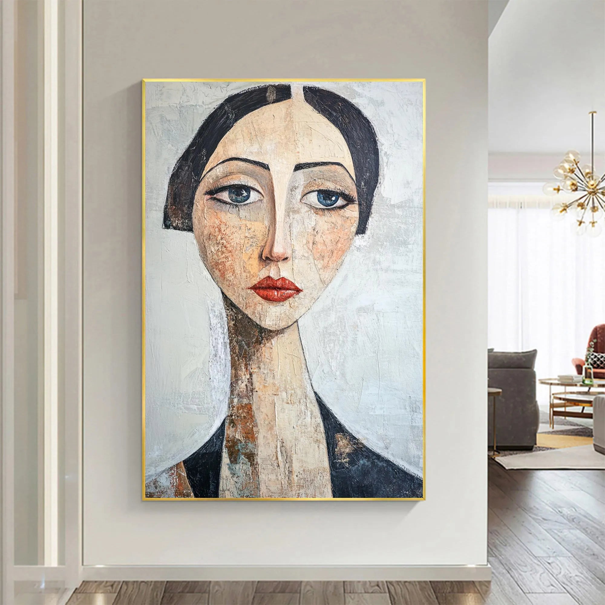 The Sapphire Gaze – Expressionist Modigliani-Style Woman Portrait Painting | Retro Minimalist Living Hallway Art