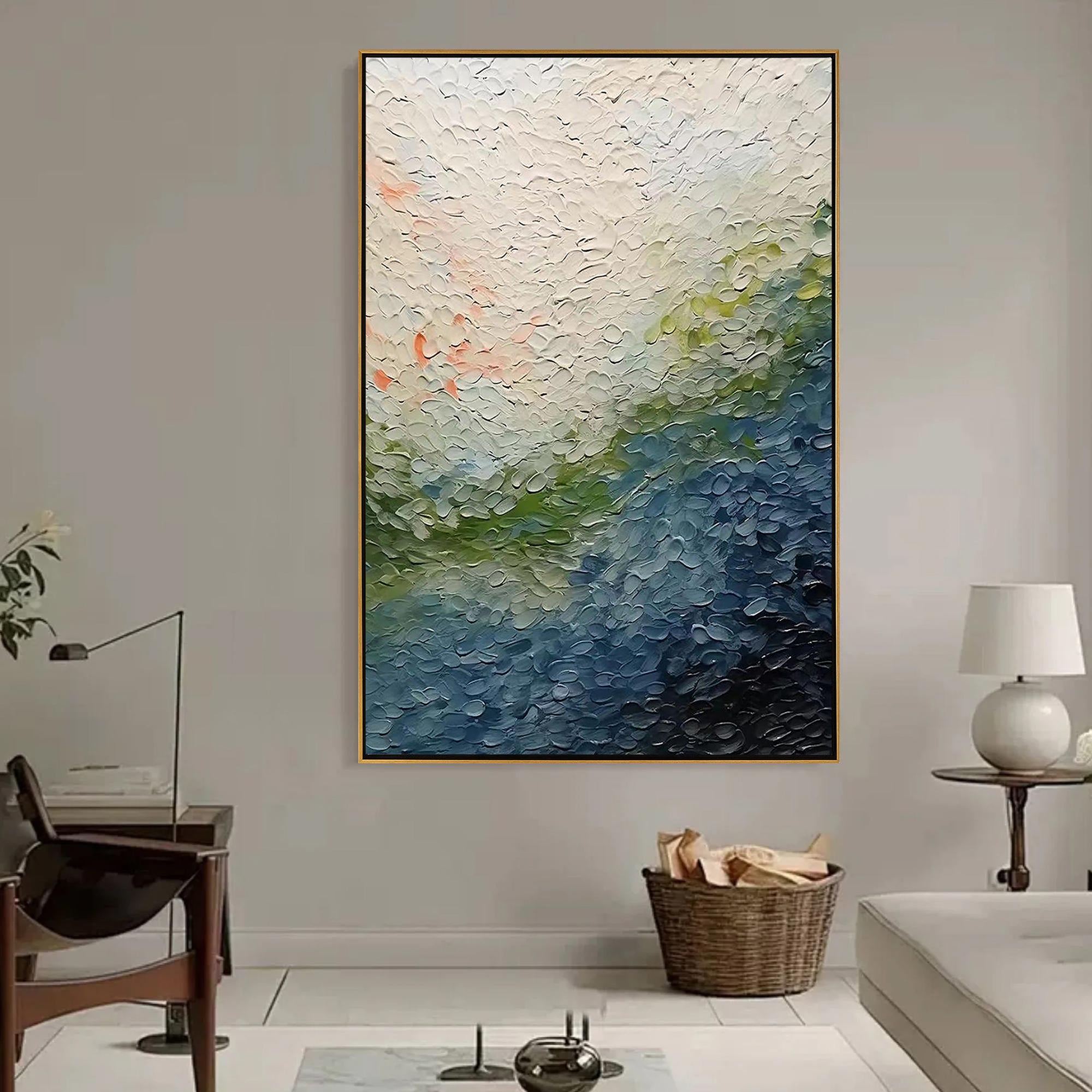 AZURE TERRAIN: Texture Wall Art, Hand-Painted Navy Blue and Sage Green Plaster Effect Relief Studio Art