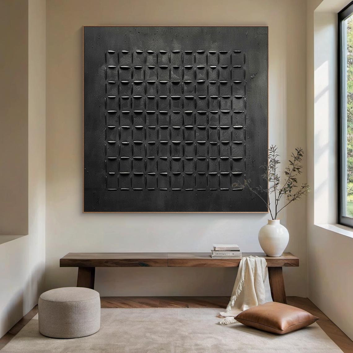 Onyx Grid – Modern Black Plaster Relief Abstract Wabi-Sabi Painting | Japandi Wabi-Sabi Living Room & Bedroom Art