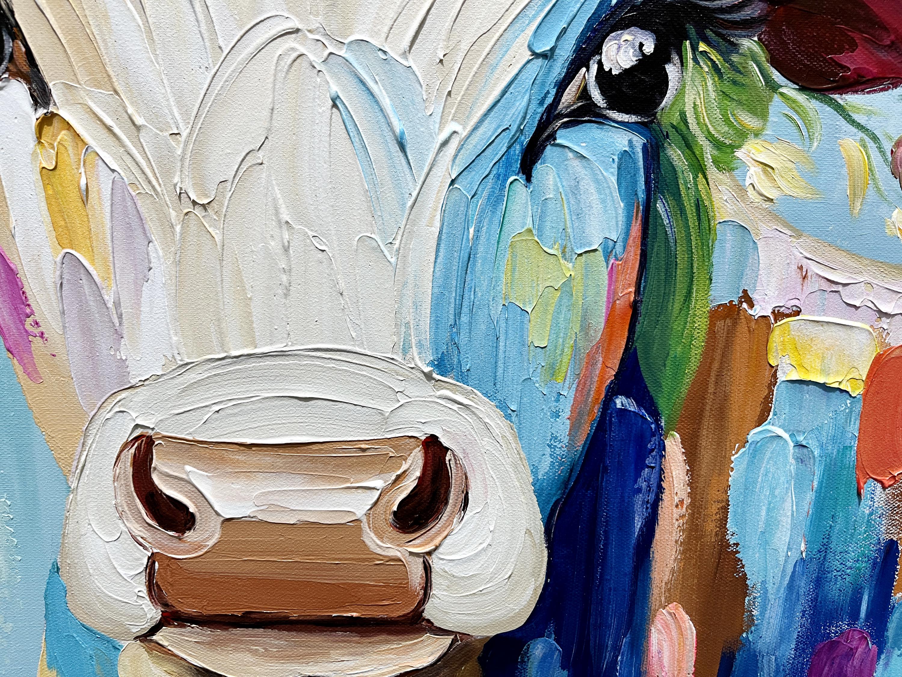 Floral Heifer – Vibrant Expressionist Cow with Floral Crown Painting | Modern Farmhouse Hallway Art