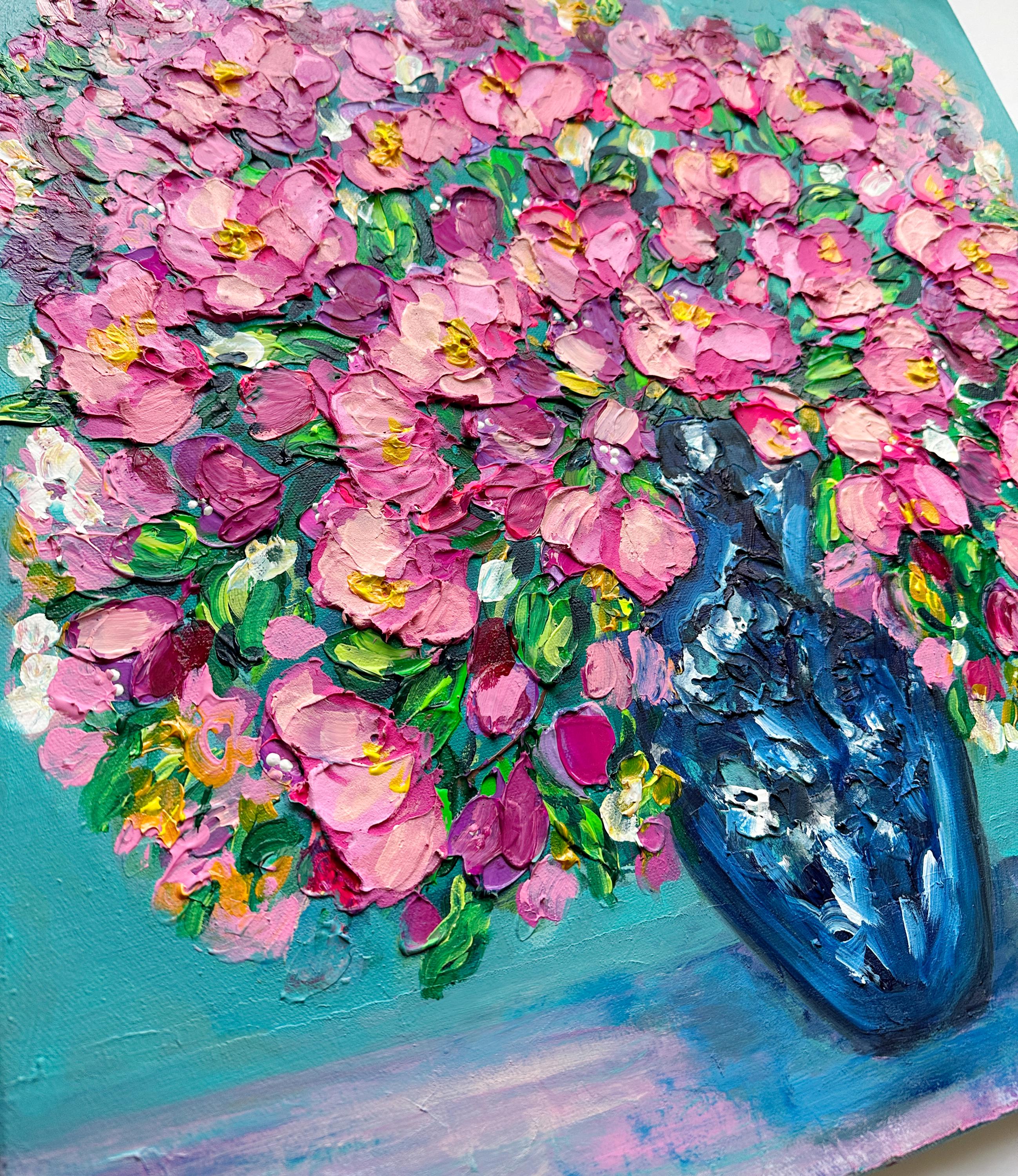 ROYAL BOUQUET: Square 3D Heavy Texture Floral Wall Art, Pink Peony Relief in Teal Vase