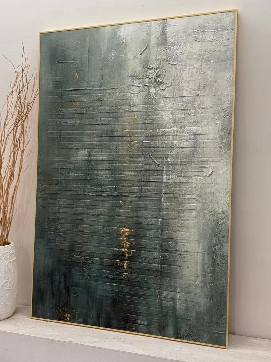 Golden Patina – Hand-Painted Distressed Dark Green Gold Foil Plaster Relief Wabi-Sabi Painting | Japandi Wabi-Sabi Living Room & Bedroom Art