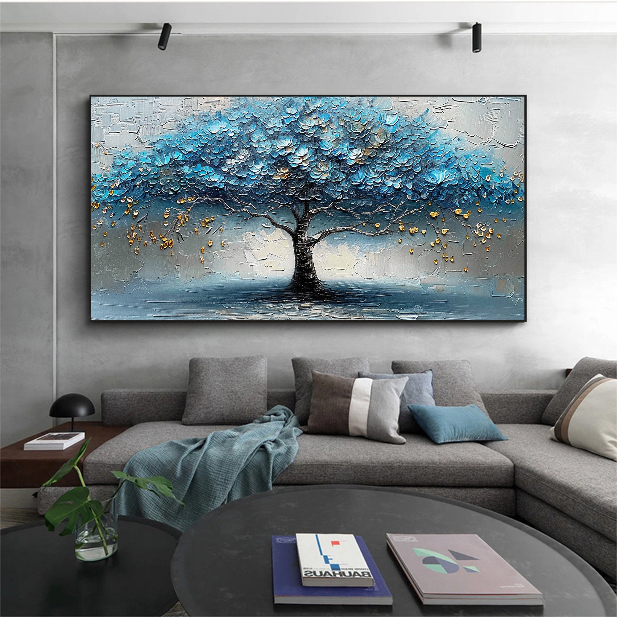AZURE CANOPY: Tree Wall Art, Hand-Painted Blue and Grey Palette Knife Heavy Texture Canvas Oil Painting
