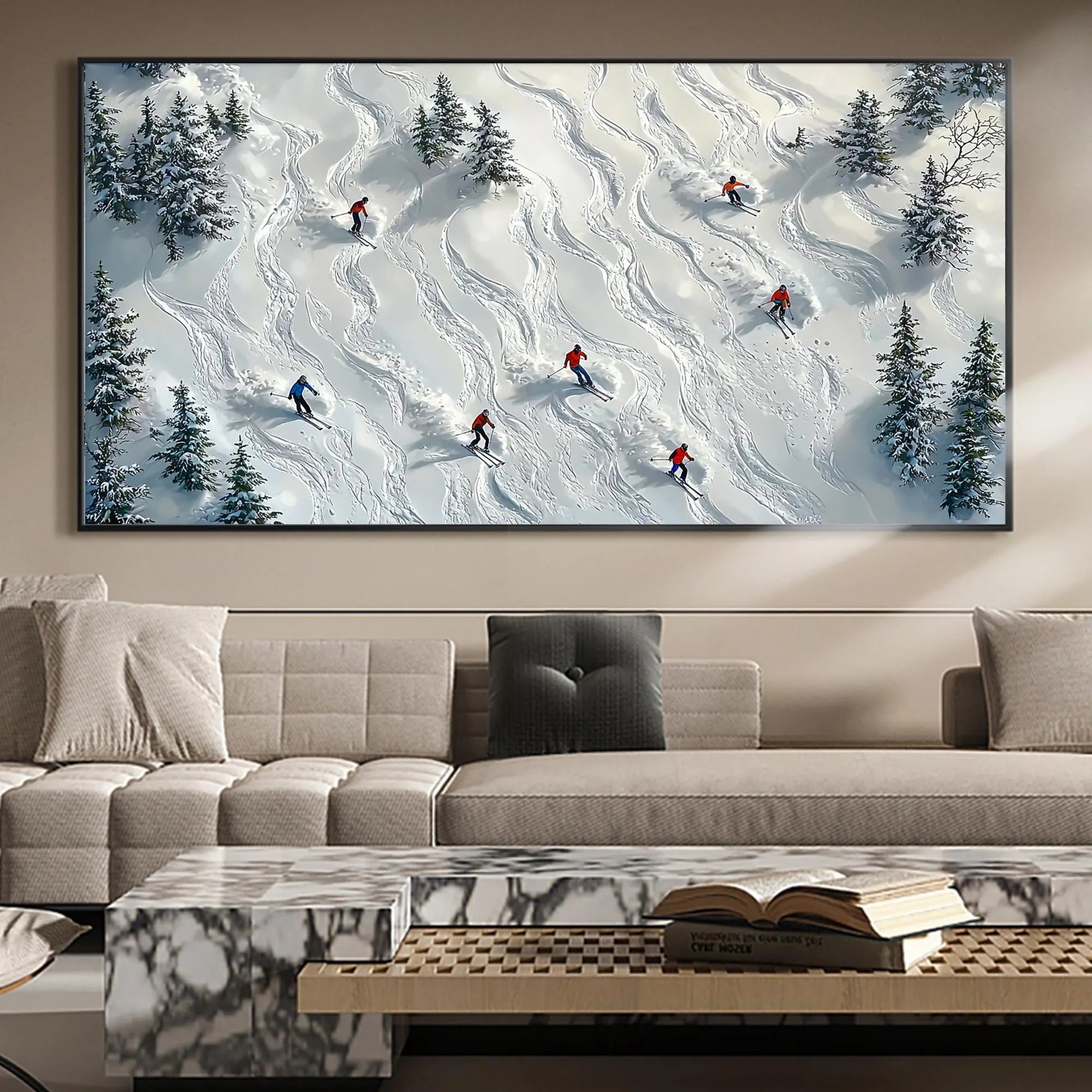 Alpine Trails – Hand-Painted Aerial View Skiers 3D Textured Snow Mountain Sport Painting | Contemporary Mountain Living Room & Home Office Art