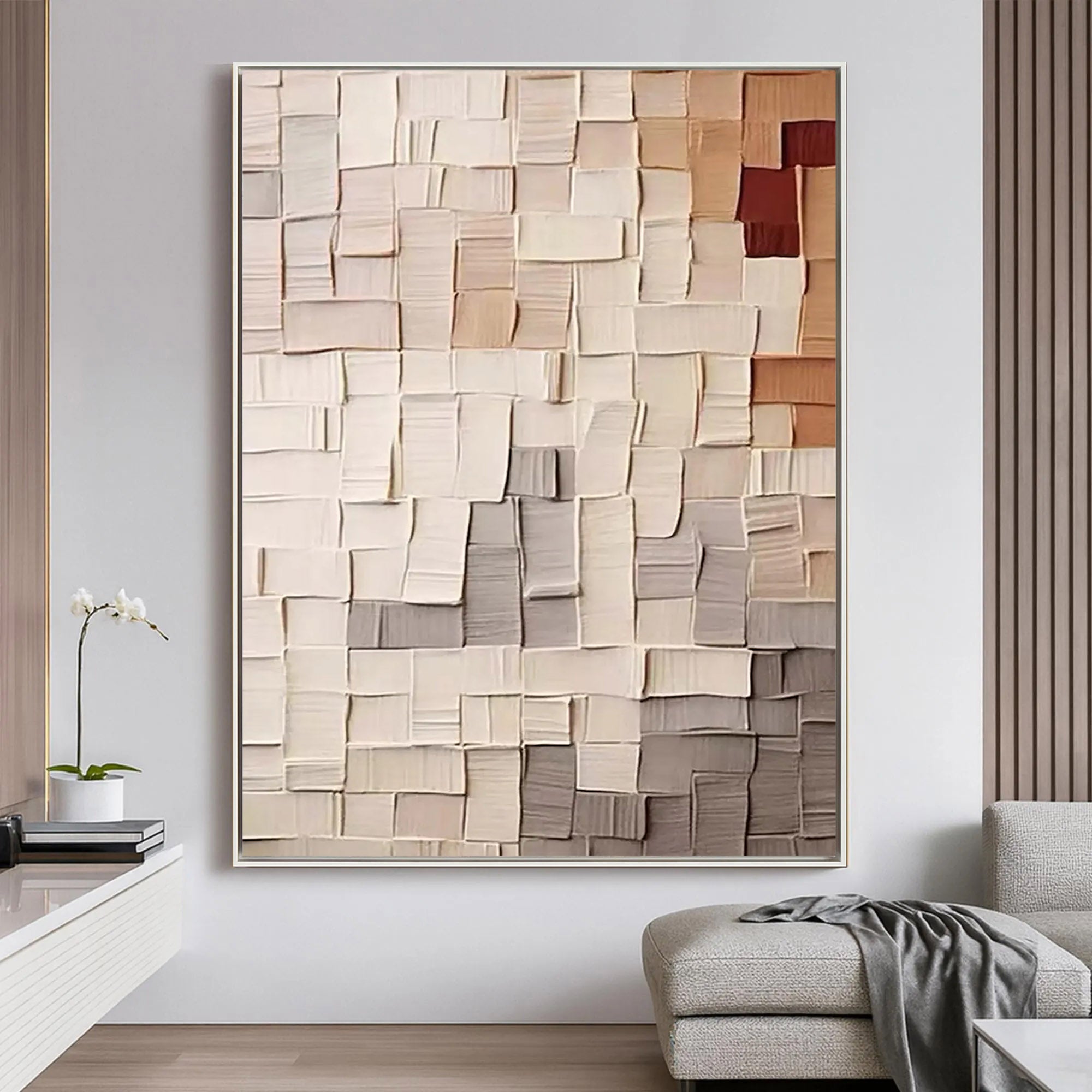 GEOMETRIC MOSAIC: Minimalist Texture Wall Art, Neutral 3D Block Palette Knife Abstract Canvas Art