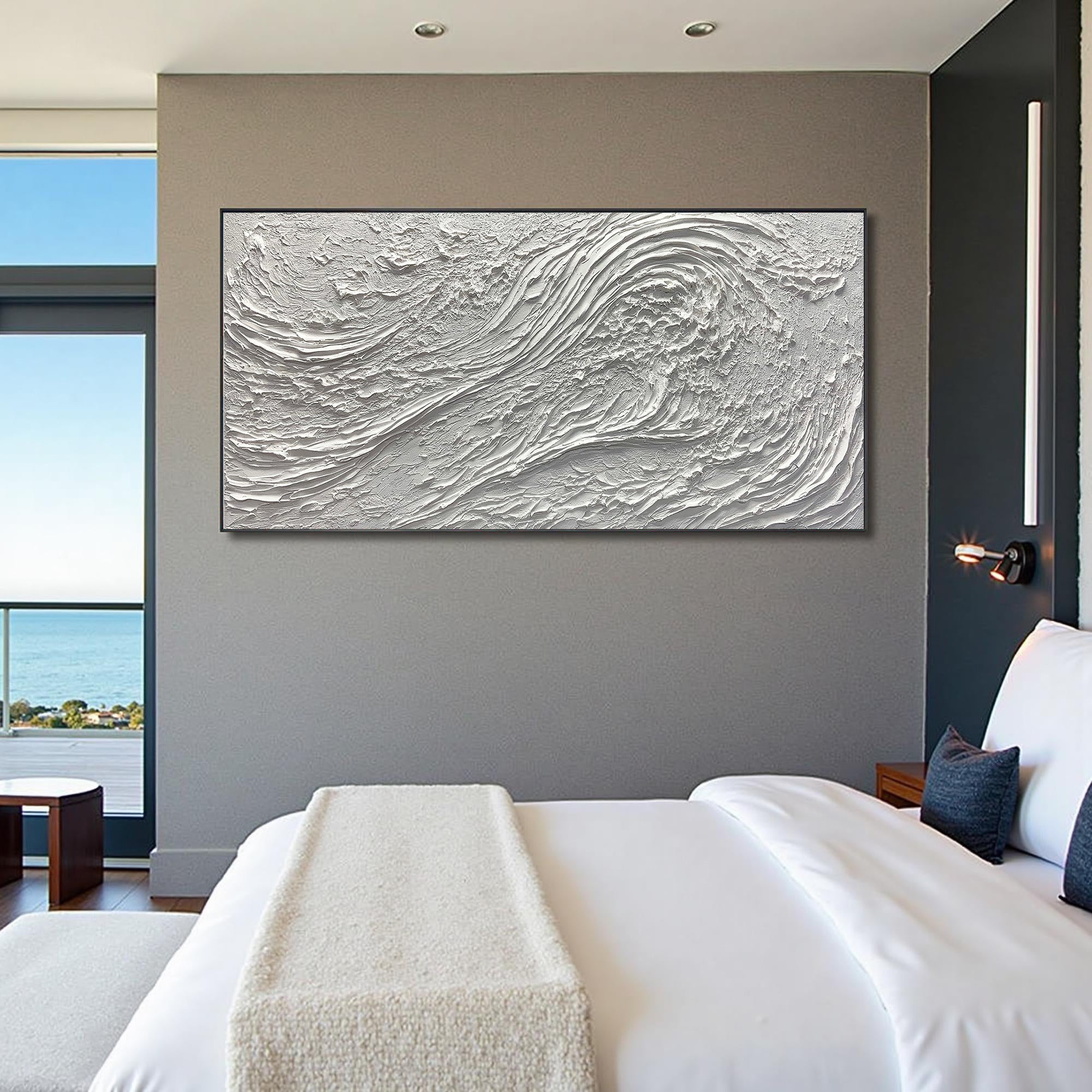 OCEAN CREST: Panoramic 3D Heavy Texture Wall Art, White Plaster Wave Relief Painting