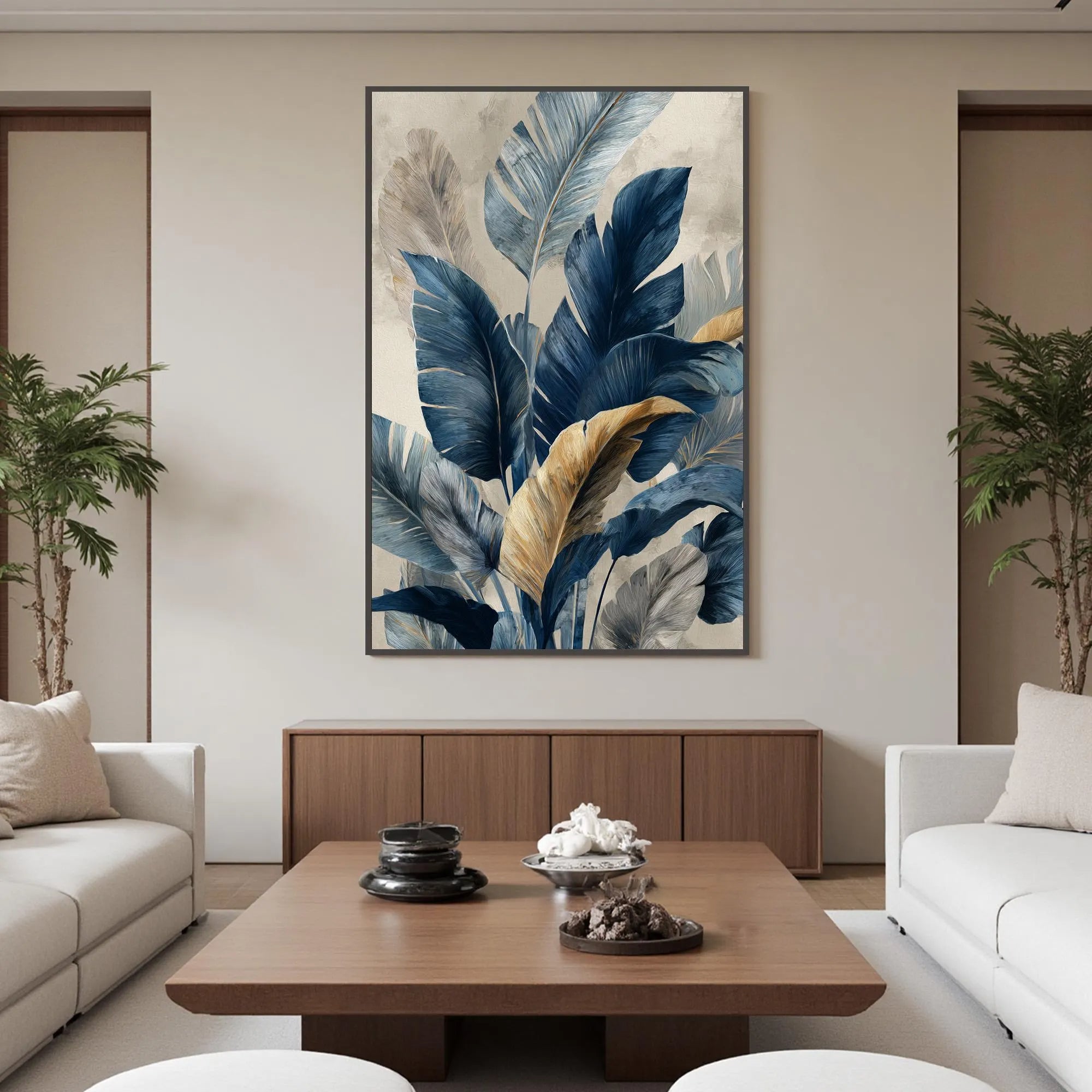 Midnight Jungle – Hand-Painted Navy Blue and Gold Foil Banana Leaf Floral Painting | Modern Luxury Botanical Bedroom & Living Room Art