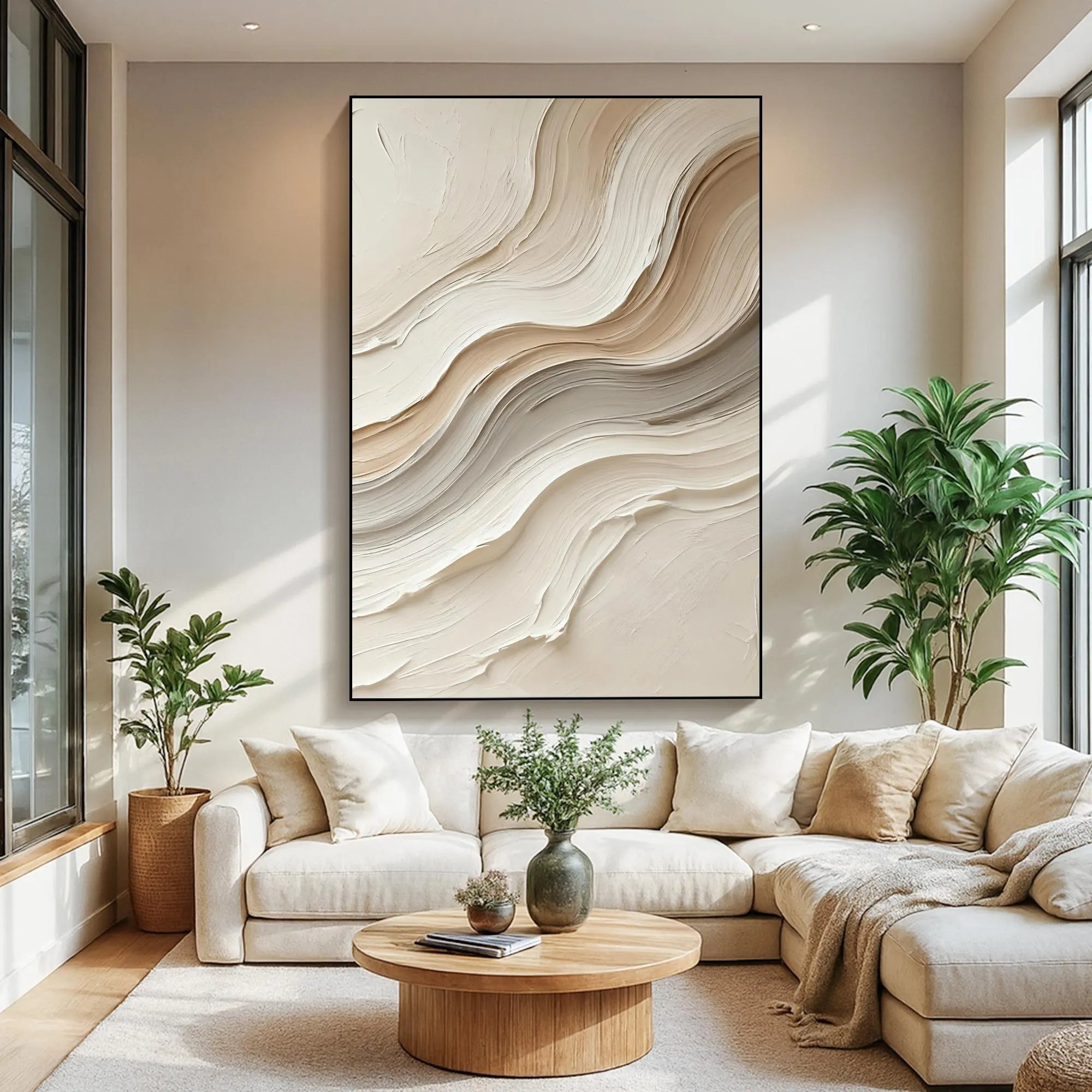Creamy Ripple – Hand-Painted Minimalist Sand Wave Plaster Effect Relief Wabi-Sabi Painting | Japandi Organic Wabi-Sabi Living Room & Hallway Art