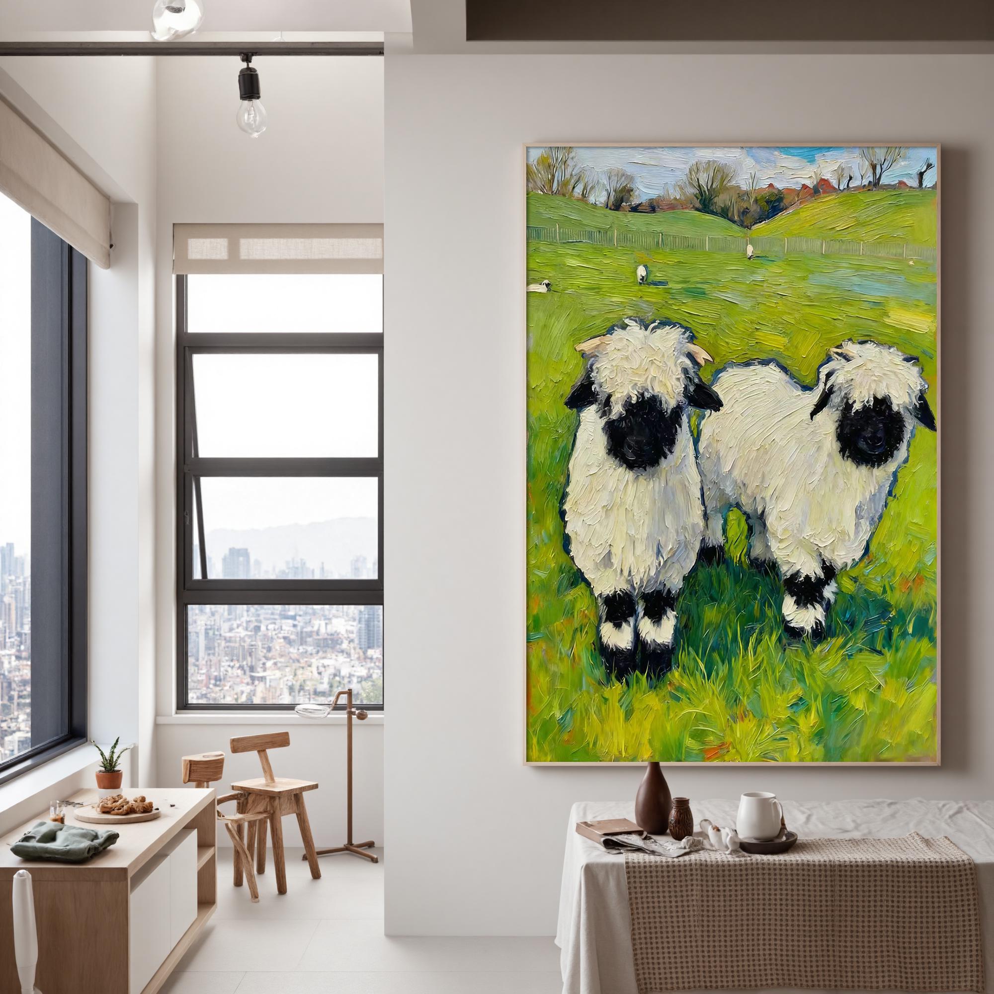 The Cotton-Wool Meadow – Post-Impressionist Sheep Impasto Painting | Whimsical Countryside Living Room Art