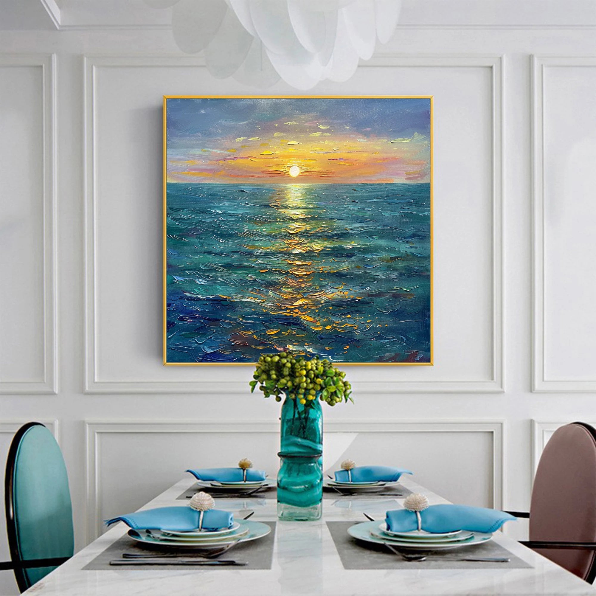 GOLDEN TIDE: Landscape Art, Hand-Painted Sunset Ocean with Glistening Gold Impasto 3D Heavy Texture Studio Art