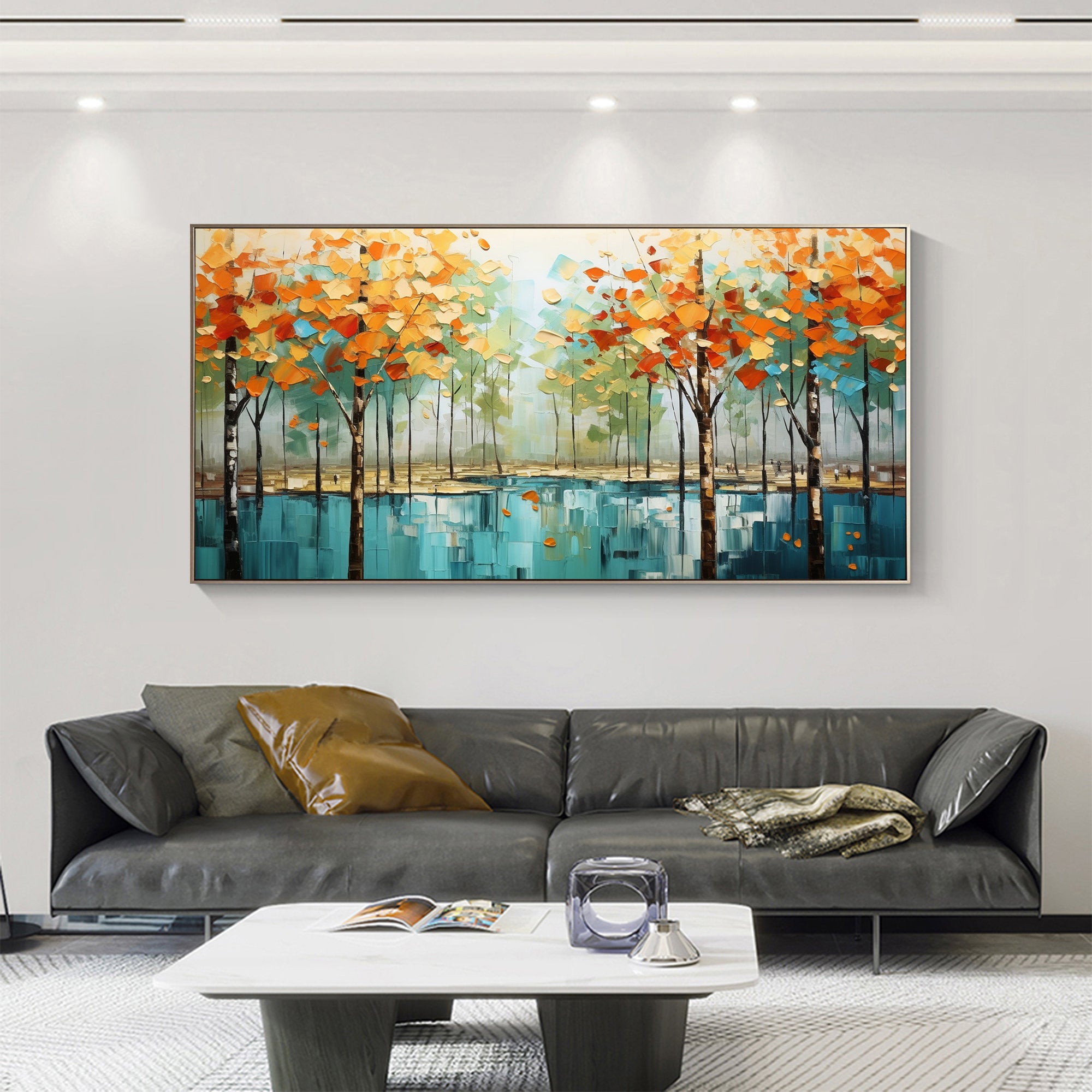 Autumn Reflection – Hand-Painted Orange and Teal Birch Forest Floral Painting | Contemporary Botanical Bedroom & Living Room Art
