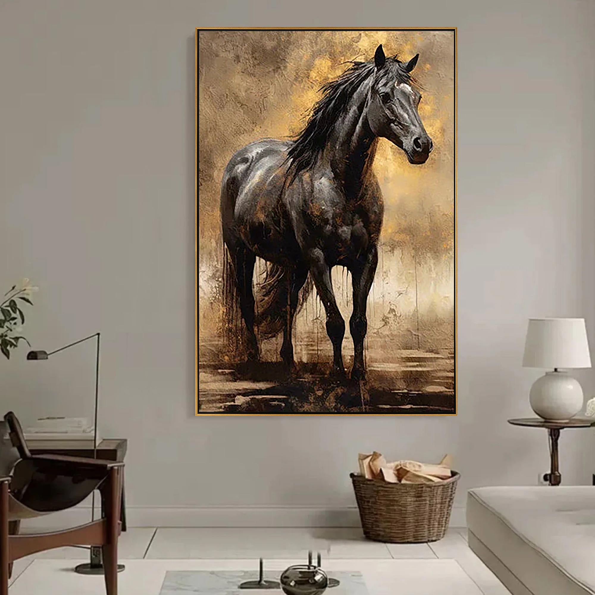 The Obsidian Knight – Realistic Black Horse Texture Painting | Gilded Earth Tone Living Room Art
