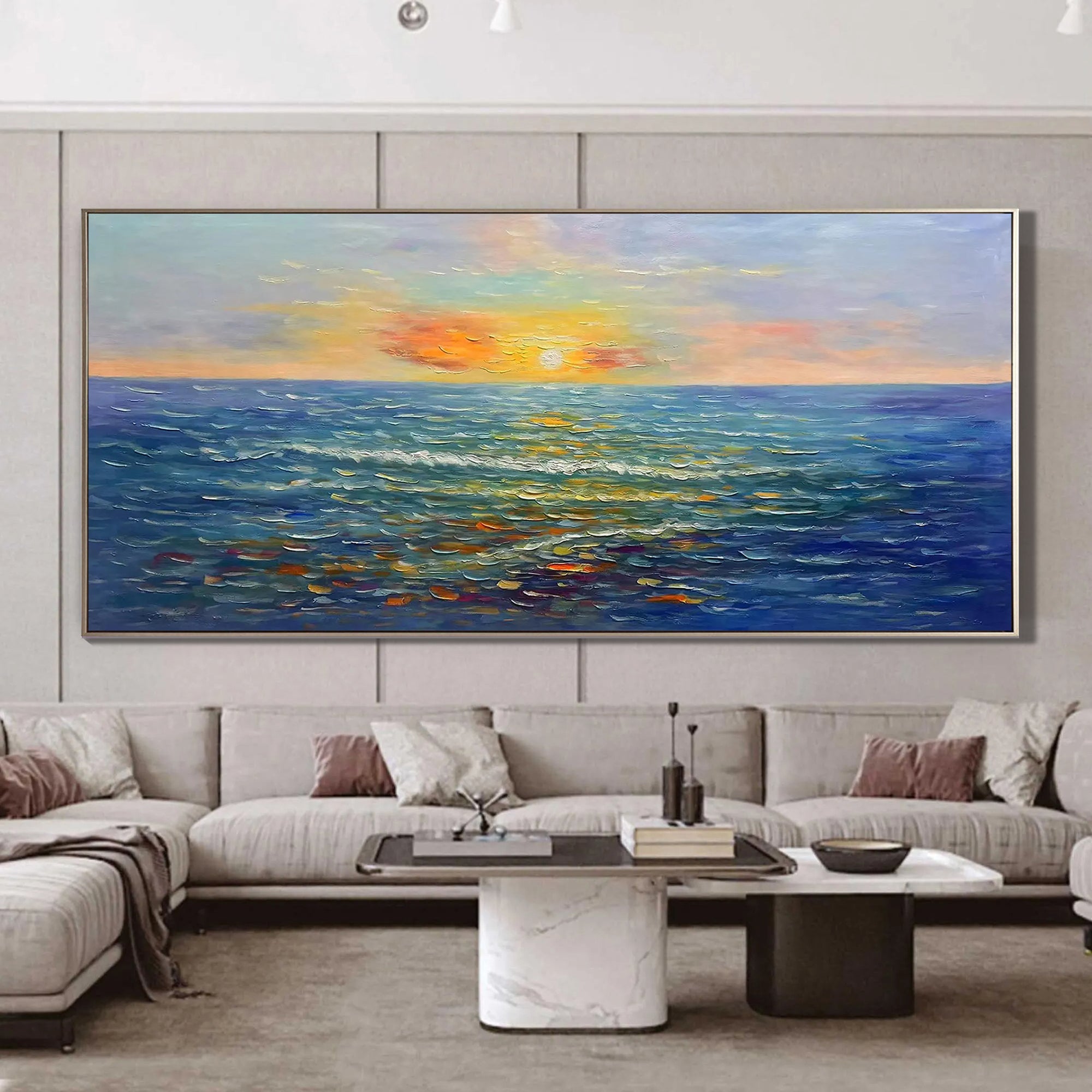 OCEAN REFLECTION: Texture Wall Art, Hand-Painted Horizontal Deep Blue Sea Sunset 3D Heavy Texture Palette Knife Gallery Art