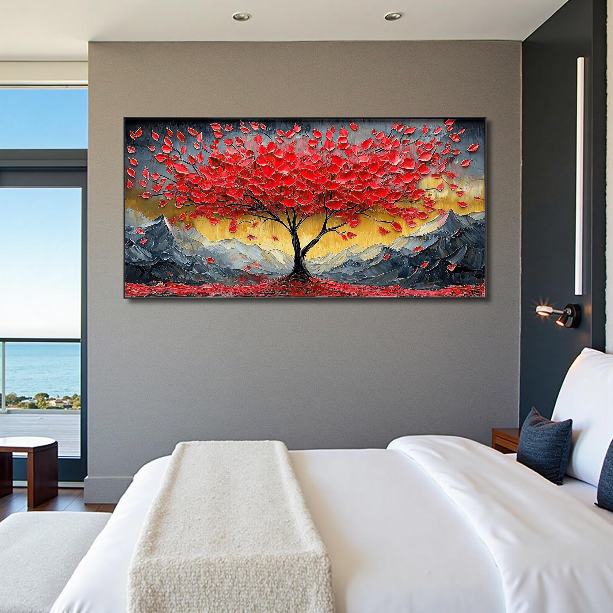 Crimson Peak – Hand-Painted Red Leaf Money Tree Snow Mountain Palette Knife Oil Tree Painting | Contemporary Mountain Living Room & Home Office Art