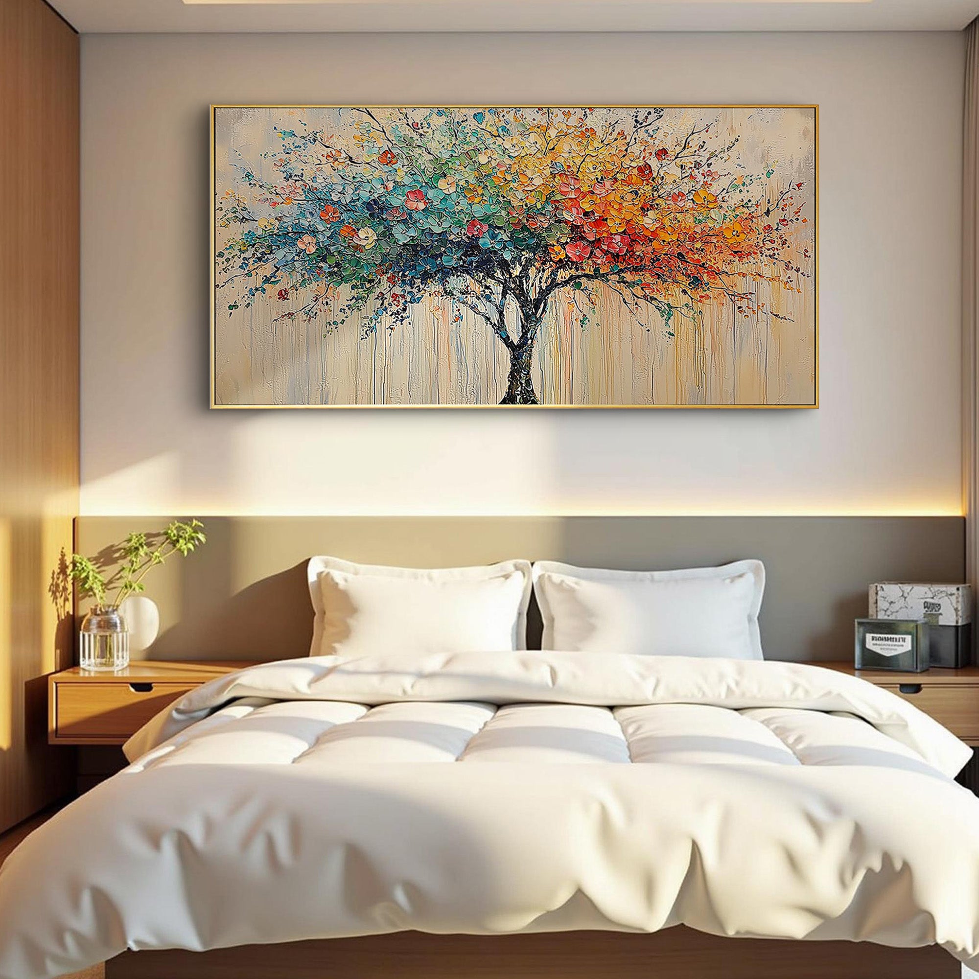 Colorful Harmony – Vibrant Dot-style Landscape Panoramic Painting | Contemporary Landscape Living Room & Dining Room Art