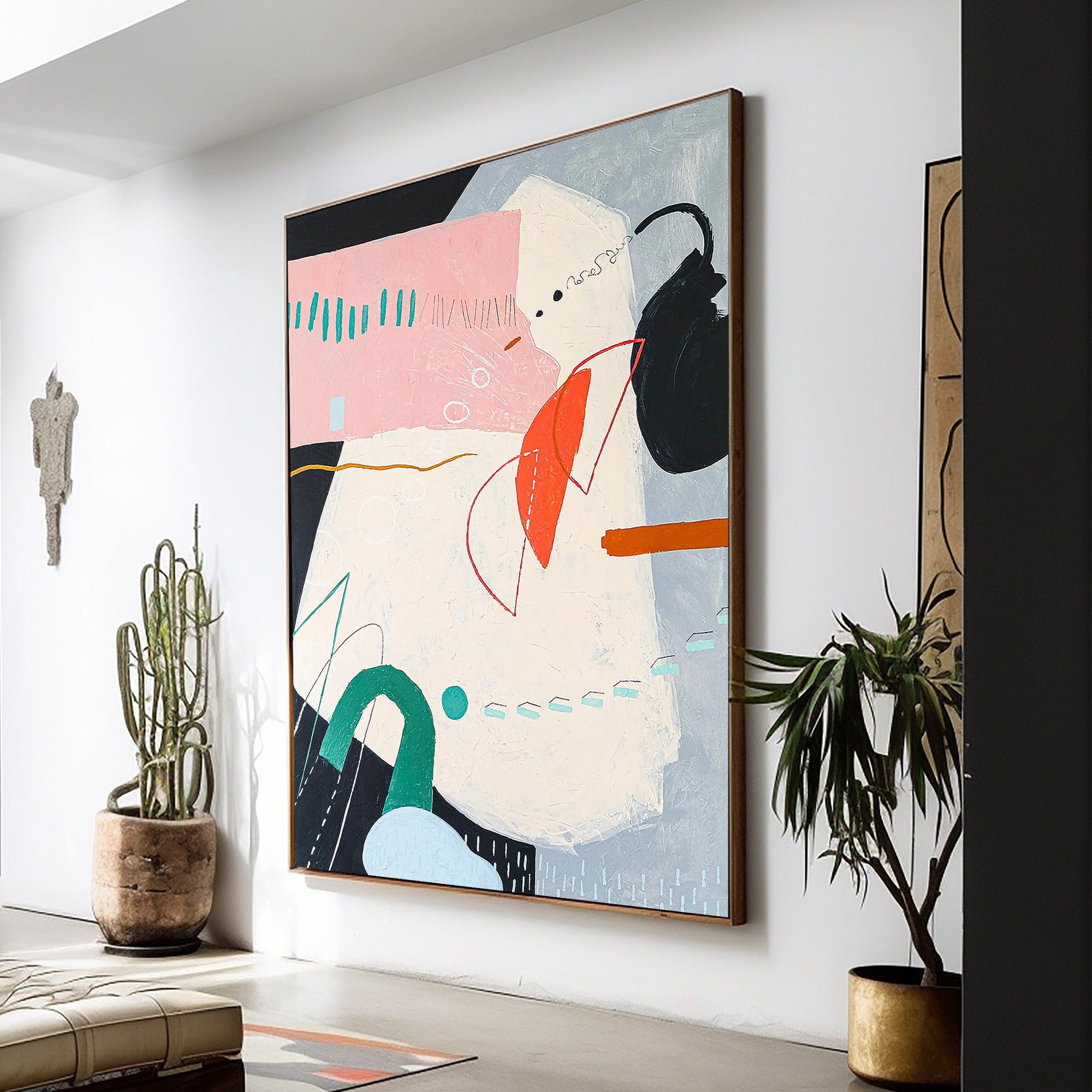 PASTEL GEOMETRIC: Abstract Wall Art, Hand-Painted Soft Pink and Teal Geometric Shapes 3D Textured Gallery Art
