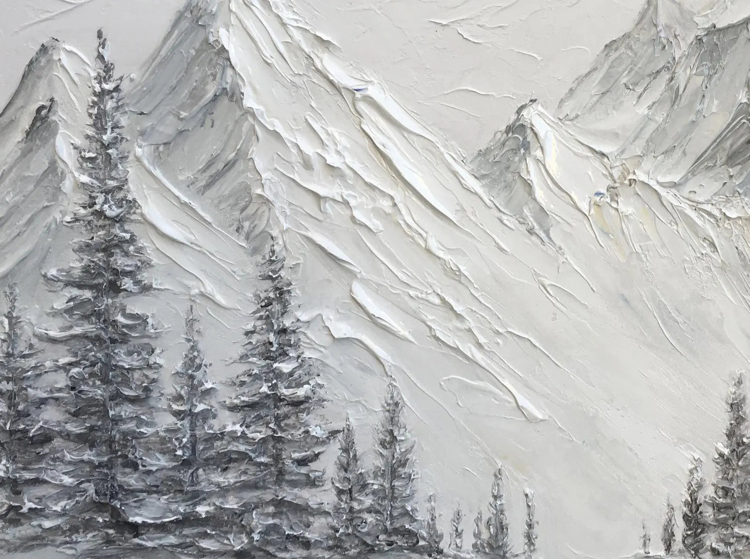 SNOW PEAK: Panoramic 3D Heavy Texture Mountain Wall Art, Modern White Pine & Peak Relief