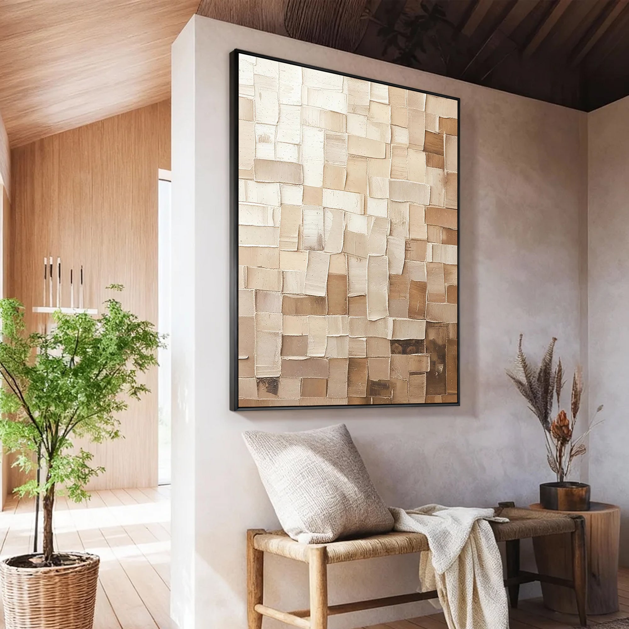 TEXTURED TILES: Texture Wall Art, Hand-Painted Neutral Beige Mosaic Plaster Block 3D Heavy Texture Studio Art