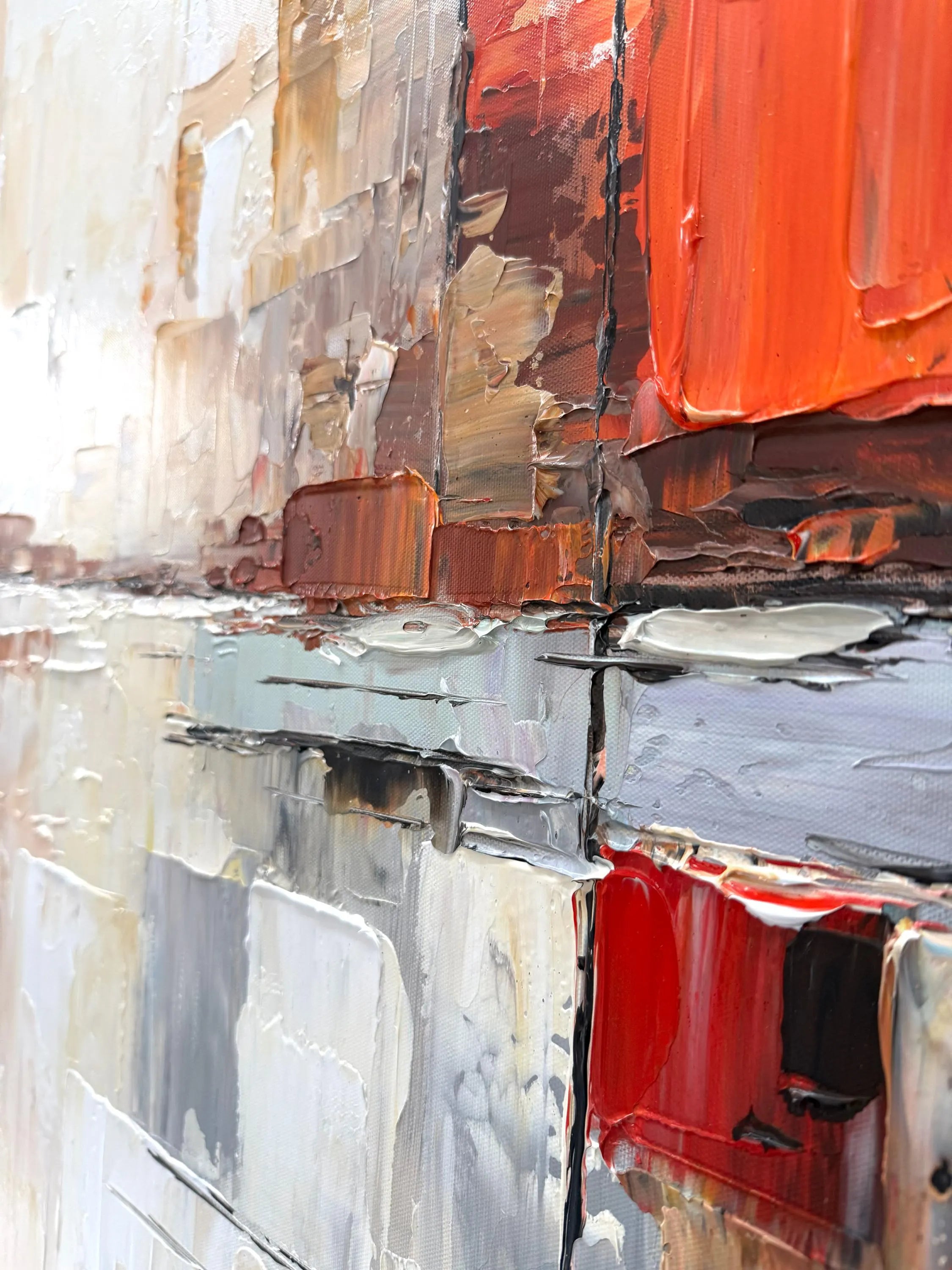 Urban Glow – Modern Orange & Grey Palette Knife Relief Abstract Painting | Modern Abstract Living Room & Office Art