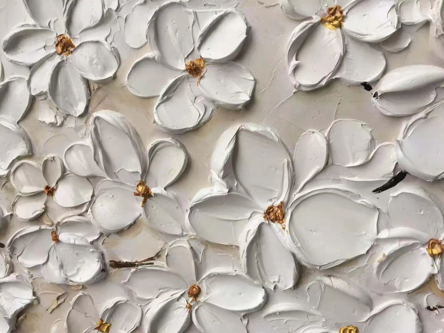 Champagne Melodies – Luxury All-White Floral Heavy Textured Painting | Large Horizontal Living Room Art