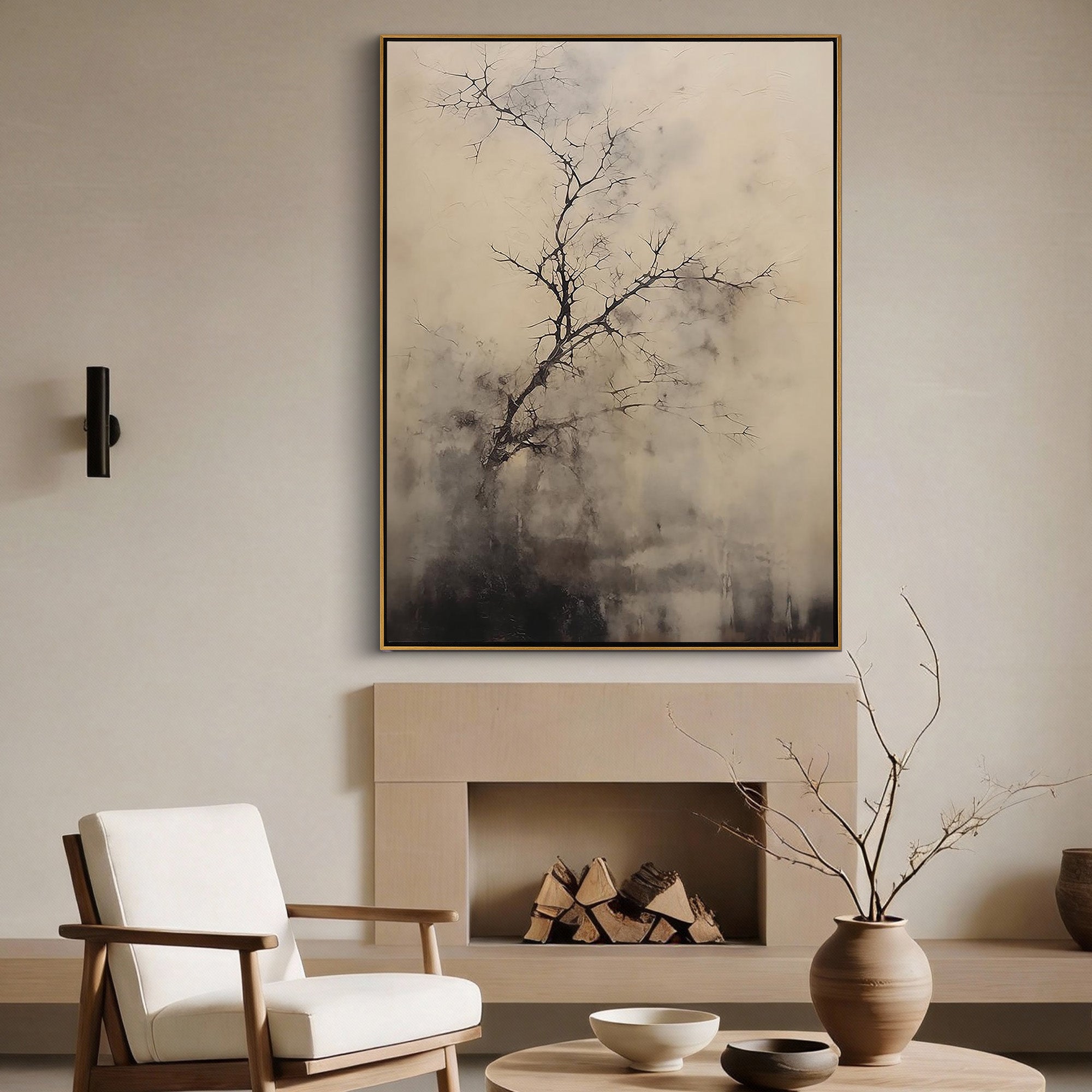 Winter Whisper – Modern Minimalist Ink-Style Relief Wabi-Sabi Painting | Japandi Wabi-Sabi Living Room & Bedroom Art