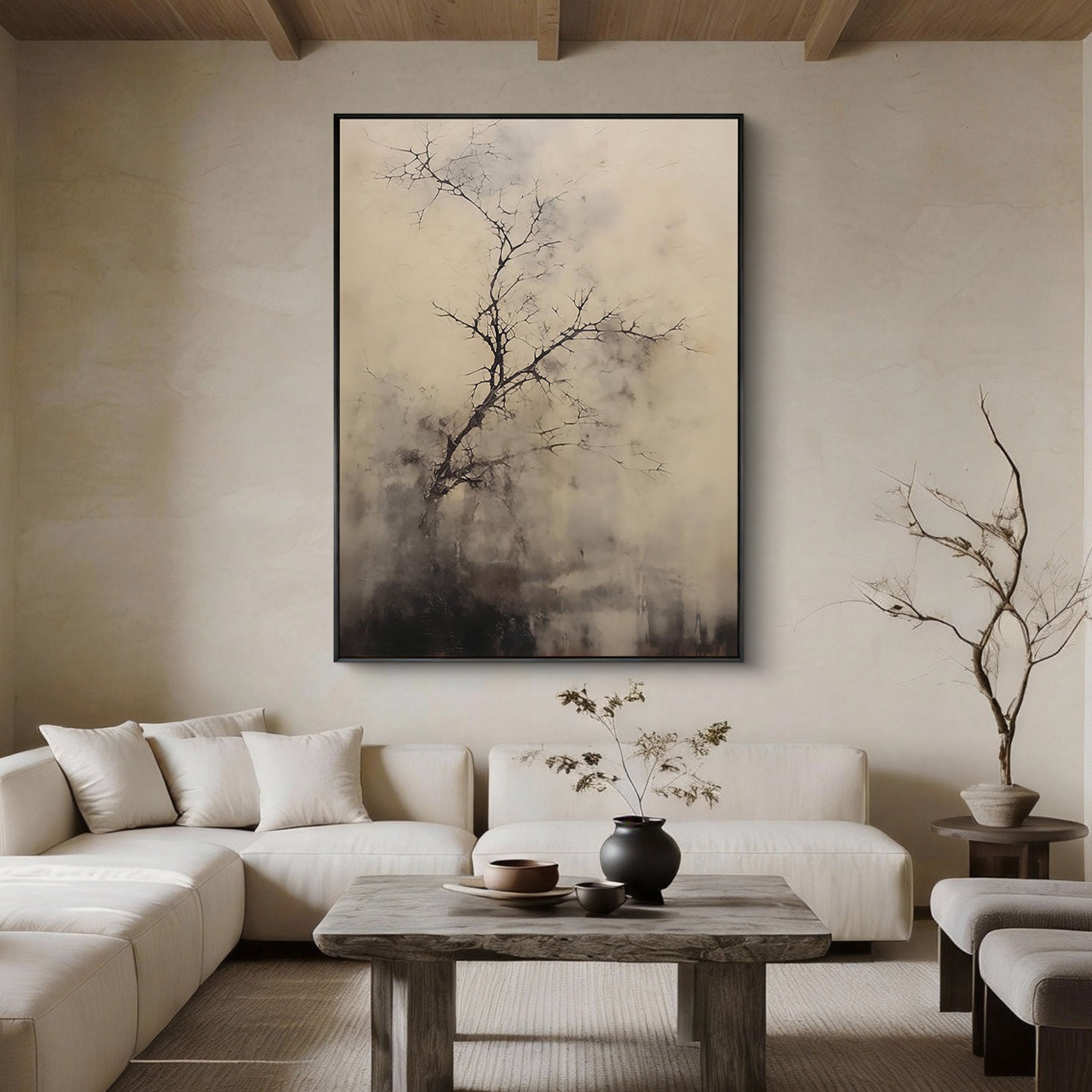 Winter Whisper – Modern Minimalist Ink-Style Relief Wabi-Sabi Painting | Japandi Wabi-Sabi Living Room & Bedroom Art