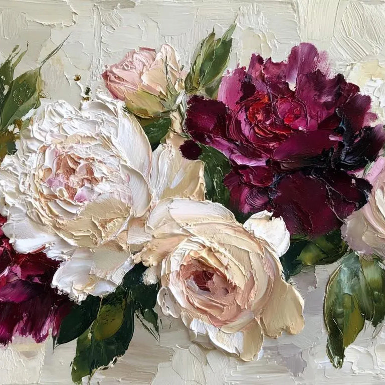 Velvet Kiss – Modern Impasto Burgundy and Cream Peony Canvas | Luxury Romantic Living Room Art