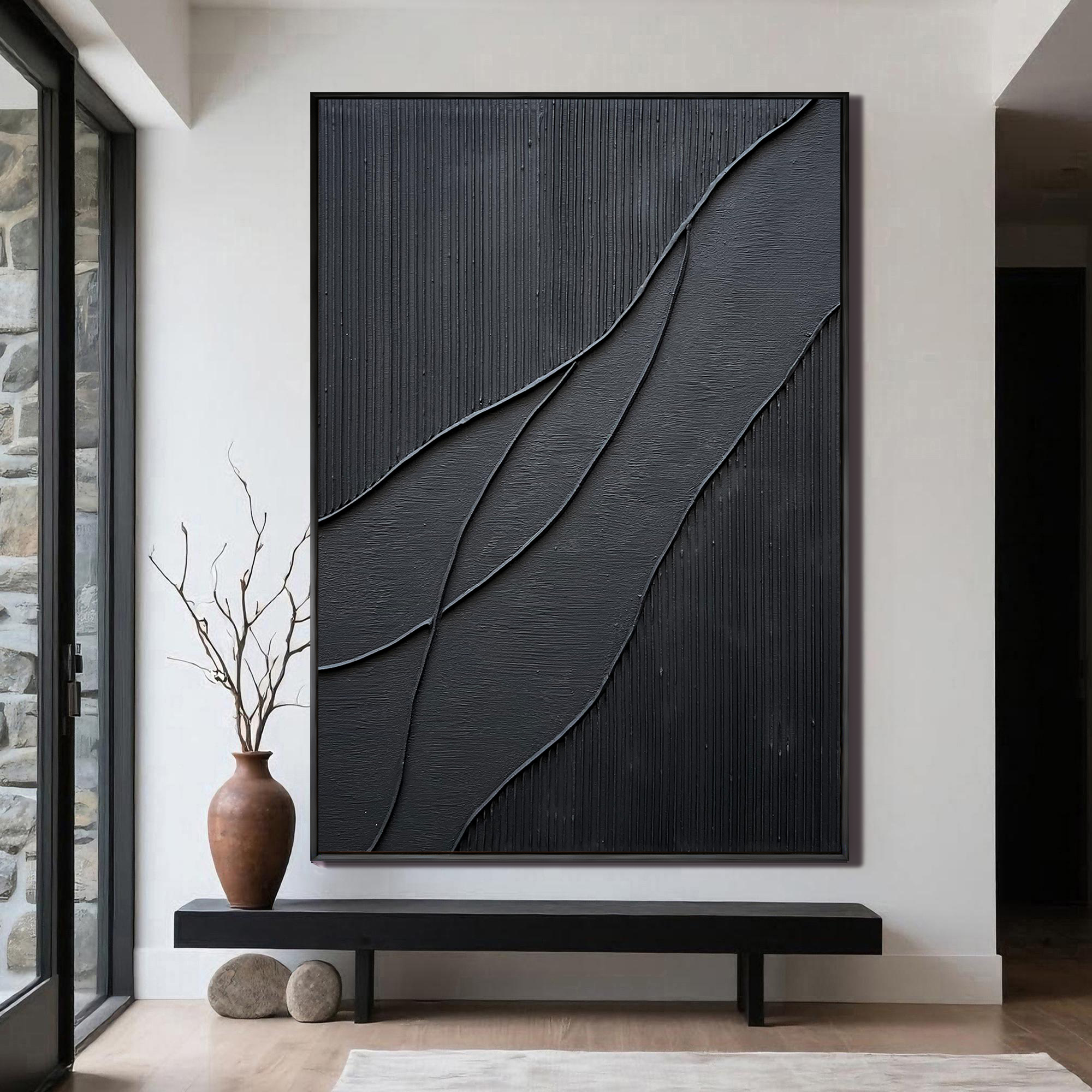 Midnight Flow – Minimalist Black Wave Relief Texture Painting | Modern Minimalist Bedroom & Home Office Art