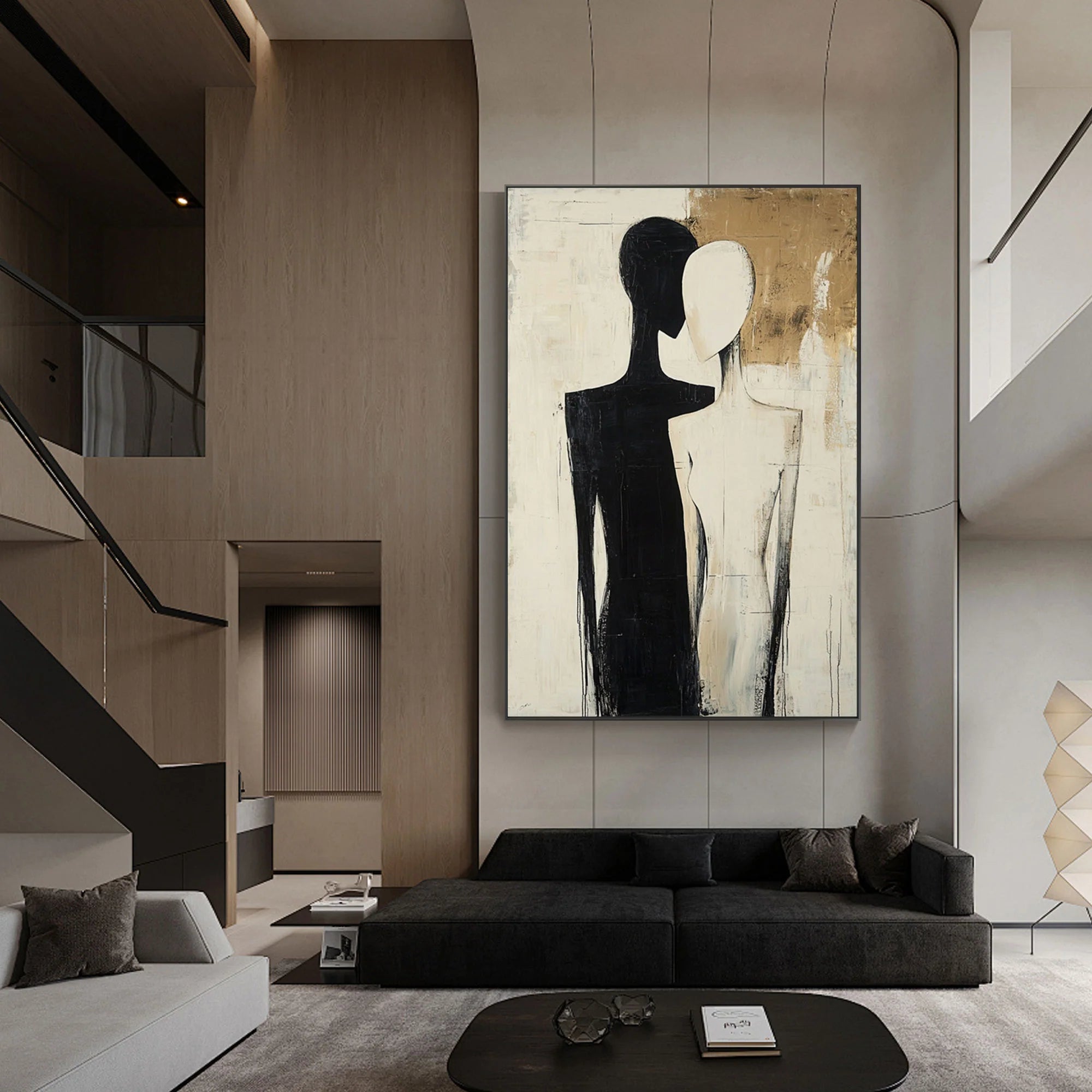 Silhouette Souls – Hand-Painted Black and Beige Abstract Couple Figure Portrait Painting | Contemporary Expressionist Living Room & Office Art
