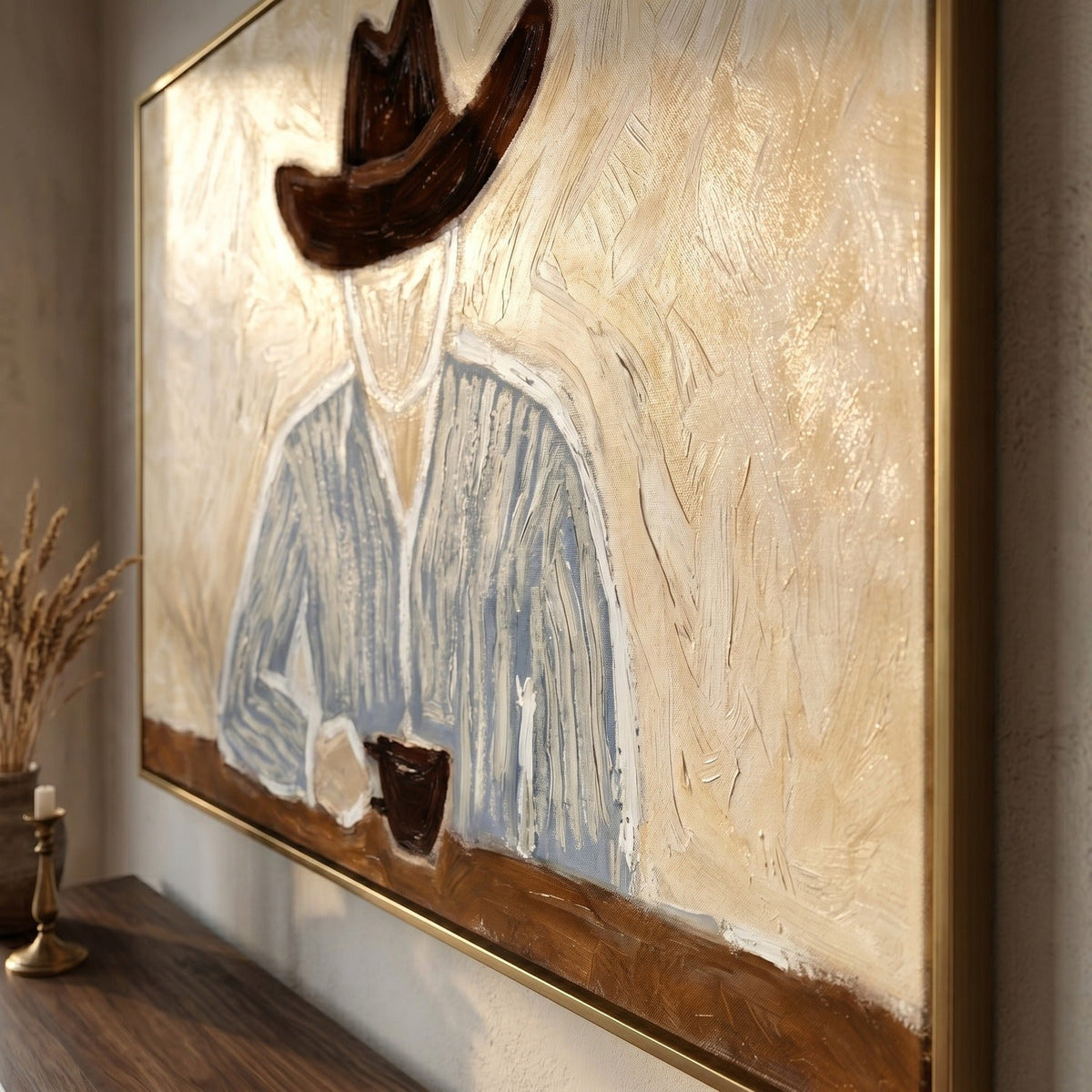 Morning Cup in Silence – Neutral Wide Hat Figure Painting | Modern Figurative Horizontal Wall Art