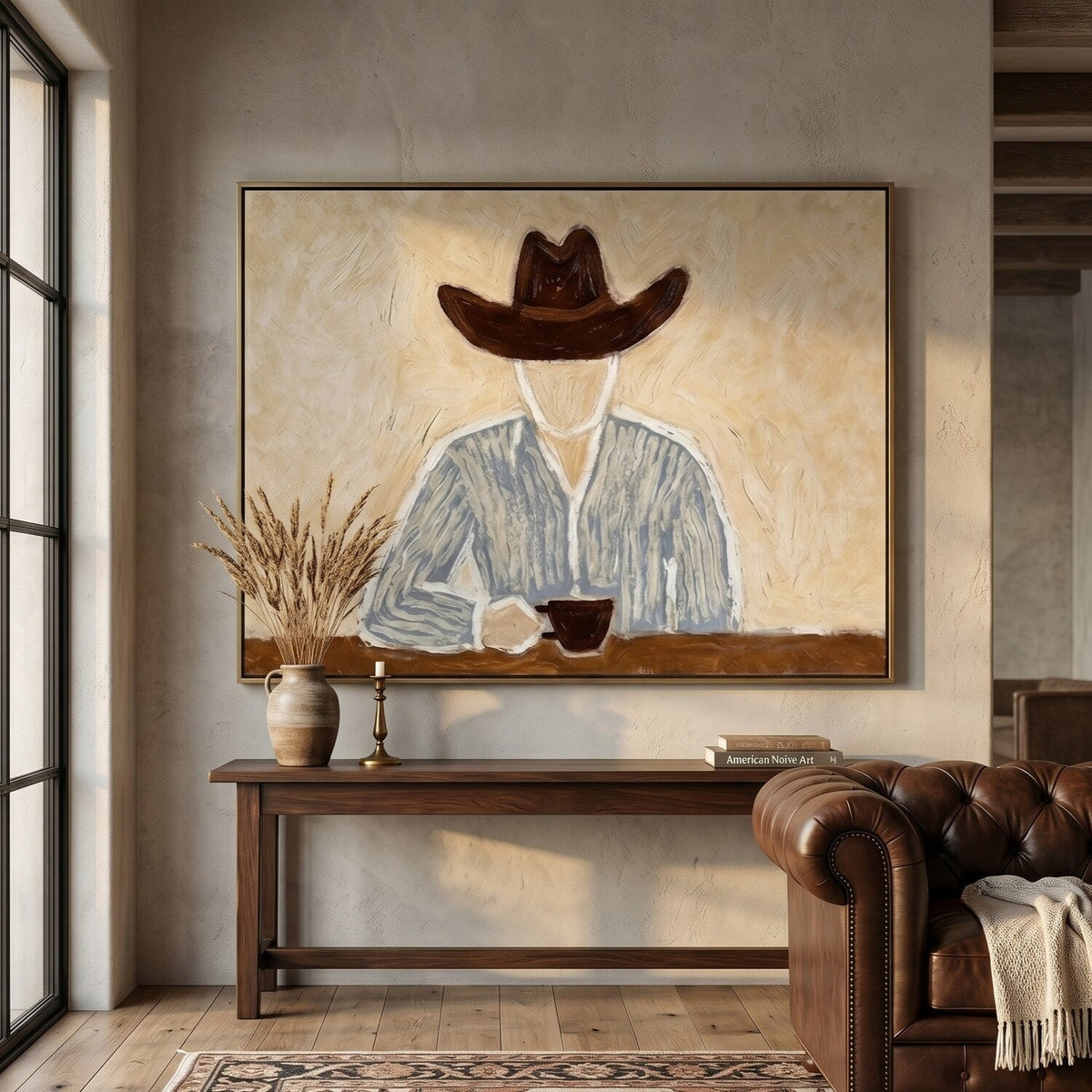 Morning Cup in Silence – Neutral Wide Hat Figure Painting | Modern Figurative Horizontal Wall Art