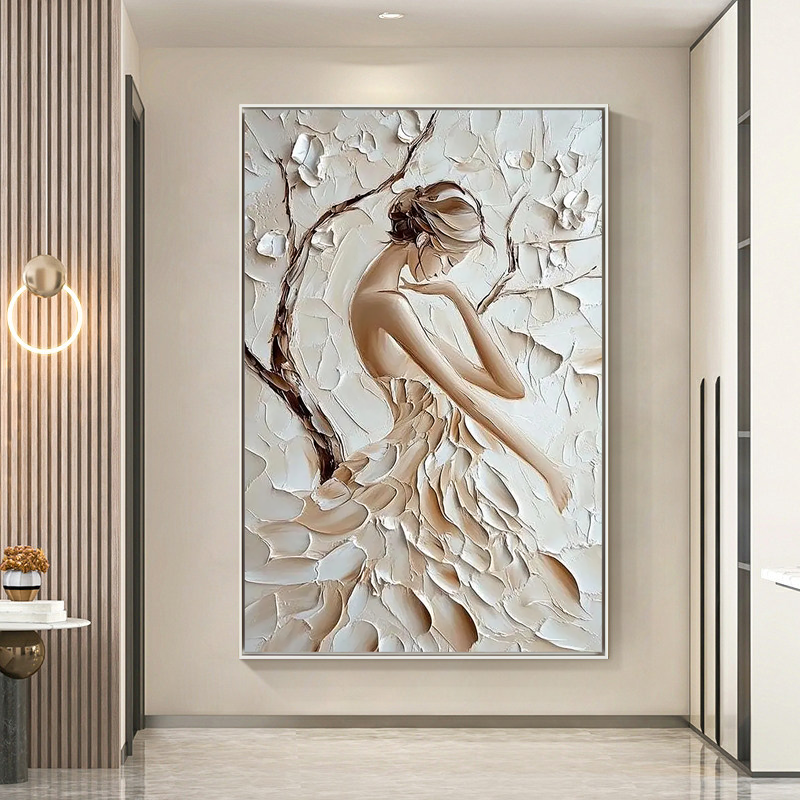 Elegance in Bloom – Modern French Luxury Creamy Textured Painting | Petal Dress Lady Bedroom Art