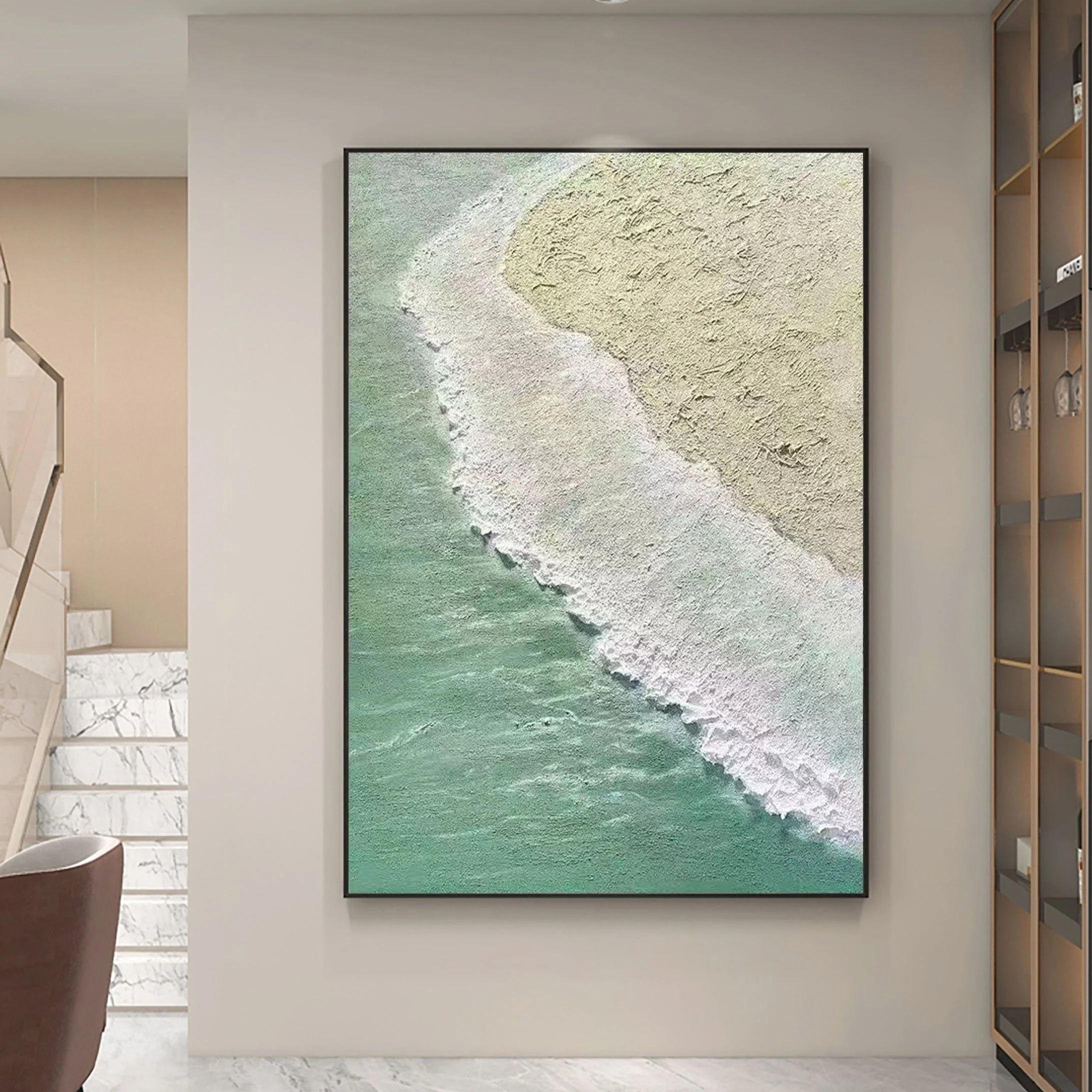 Coastal Rhythm – Hand-Painted Mint Green Sea Foam Aerial View 3D Plaster Effect Nature Painting | Contemporary Landscape Living Room & Dining Room Art