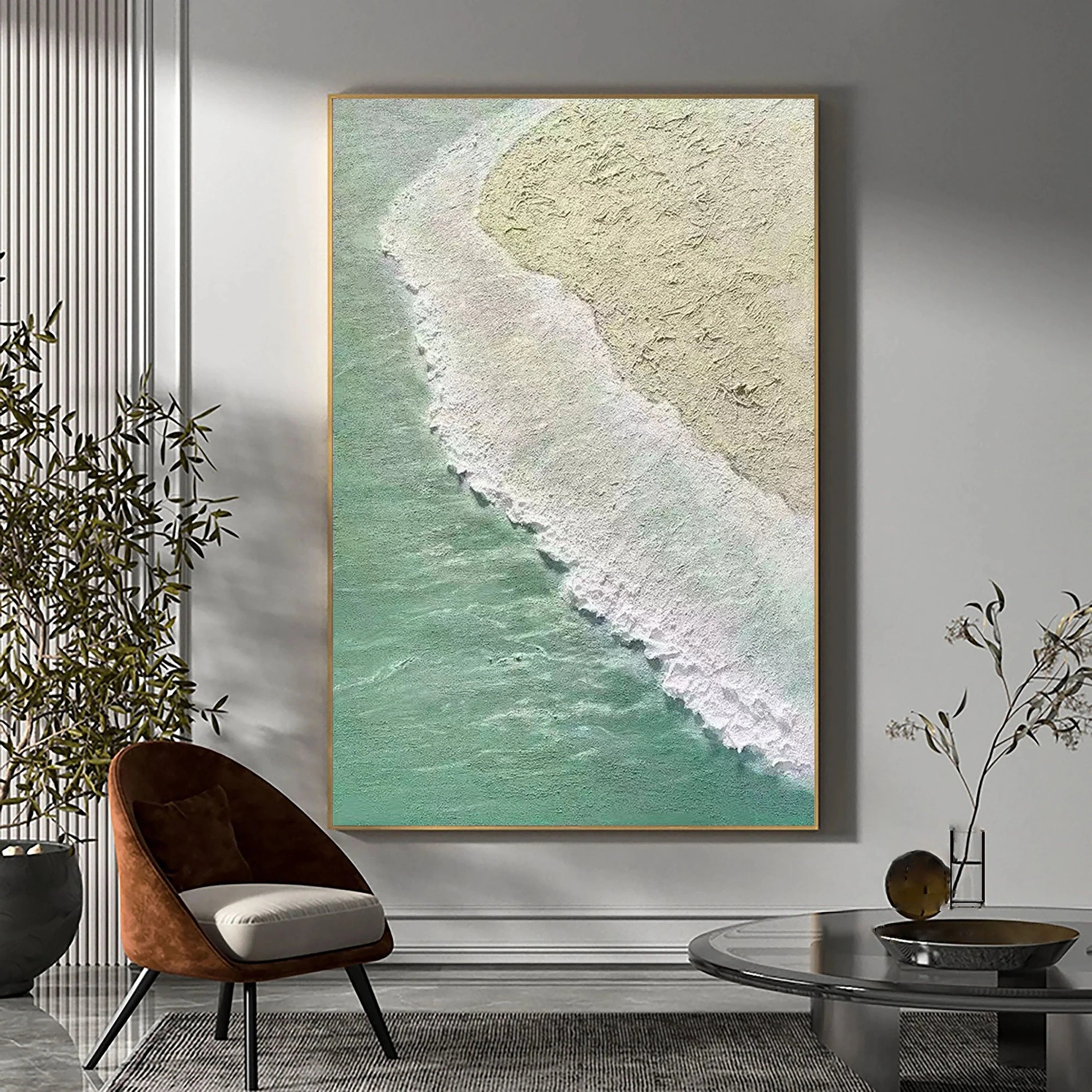 Coastal Rhythm – Hand-Painted Mint Green Sea Foam Aerial View 3D Plaster Effect Nature Painting | Contemporary Landscape Living Room & Dining Room Art