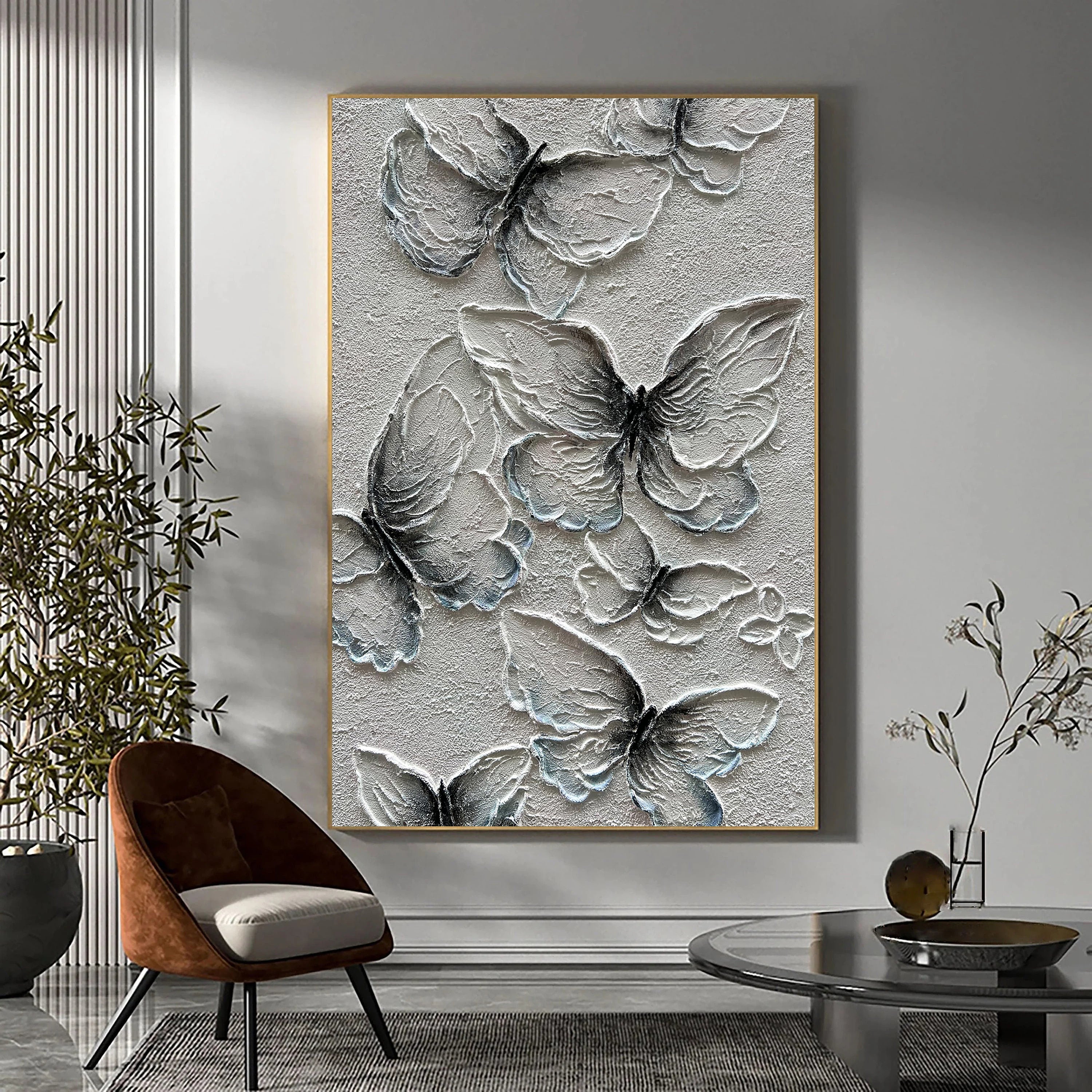 Gossamer Wings – White Plaster Animal Relief Texture Painting | Contemporary Plaster Texture Living Room & Office Art