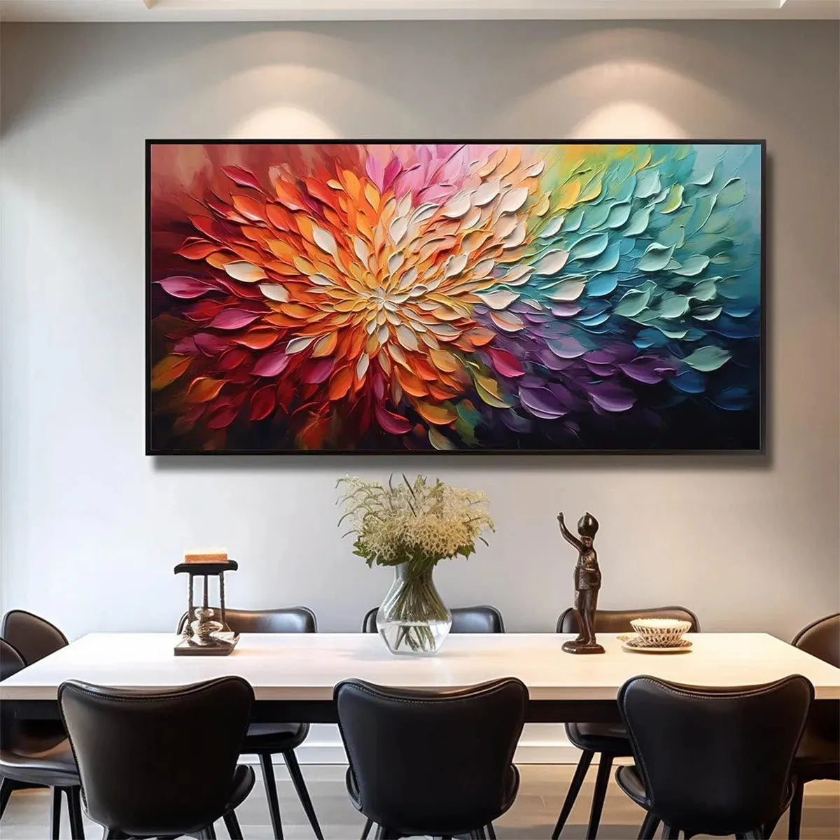 Chrono Bloom – Hand-Painted Multicolored Rainbow Palette Knife 3D Impasto Heavy Texture Oil Abstract Painting | Vibrant Botanical Living Room & Dining Room Art