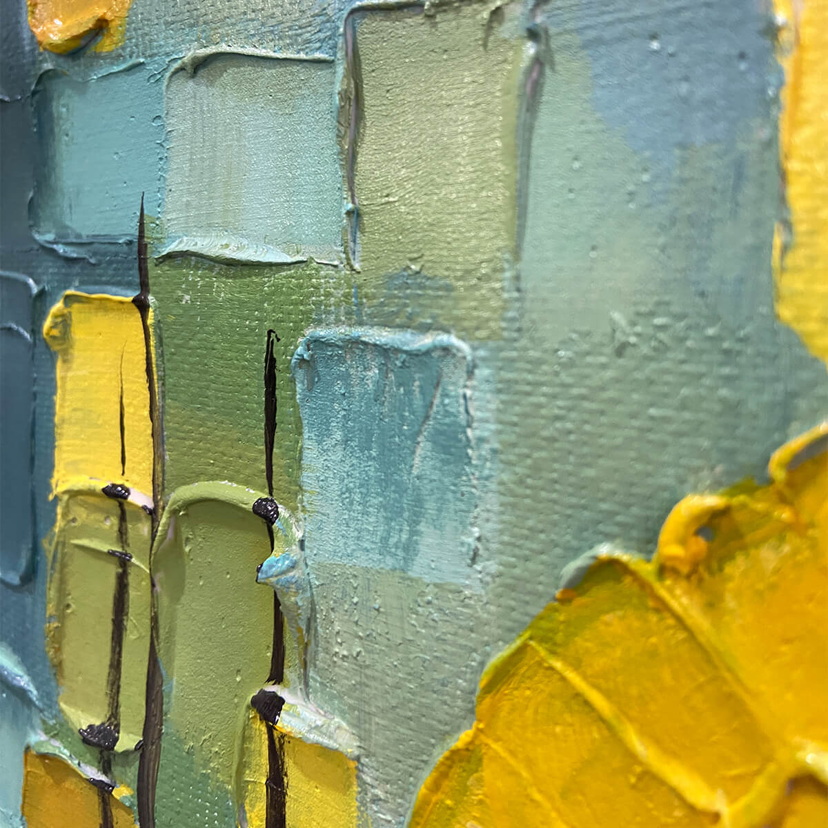 Dawn Illusion – Modern Abstract Teal and Yellow Impasto Sunrise | Healing Bedroom Wall Art
