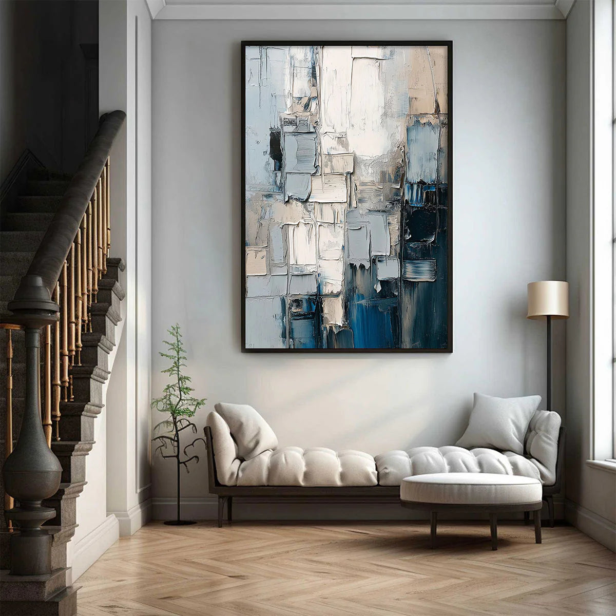 Urban Serenity – Modern Abstract Morandi Blue Grey Palette Knife Texture Painting | Modern Abstract Living Room & Office Art