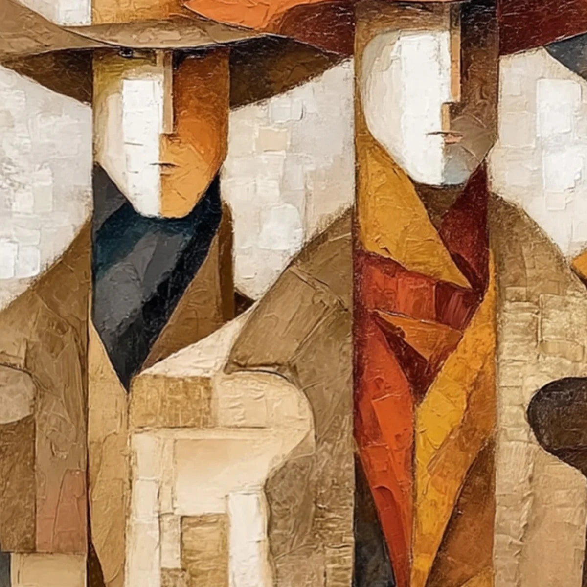 Echoes of the Wild – Modern Cubist Western Figures Oil Painting | Retro Earth Tone Geometric Office Decor