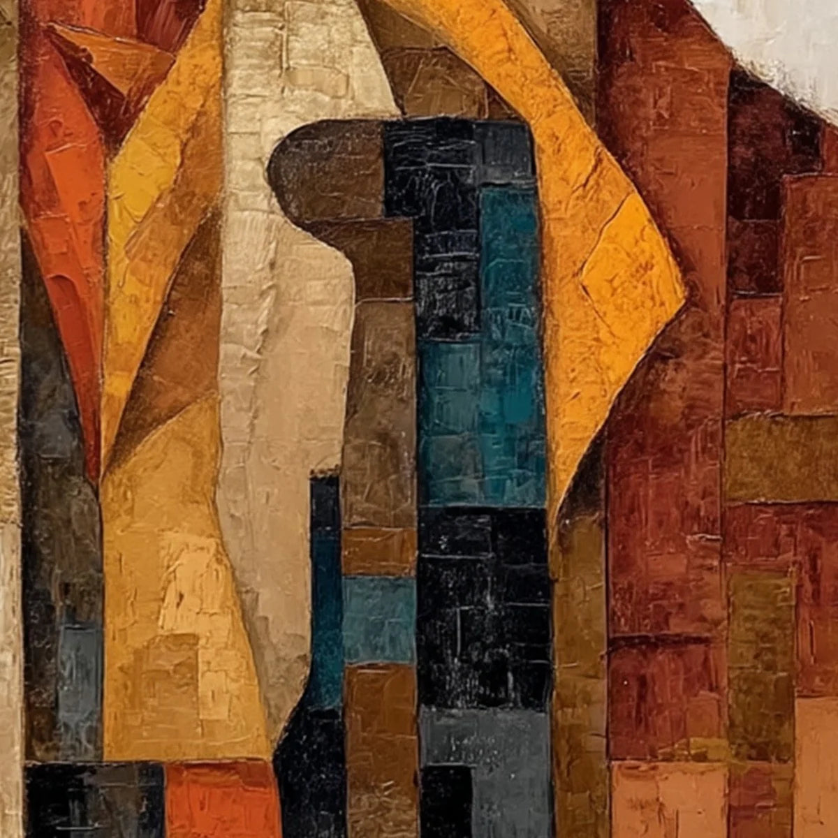 Echoes of the Wild – Modern Cubist Western Figures Oil Painting | Retro Earth Tone Geometric Office Decor