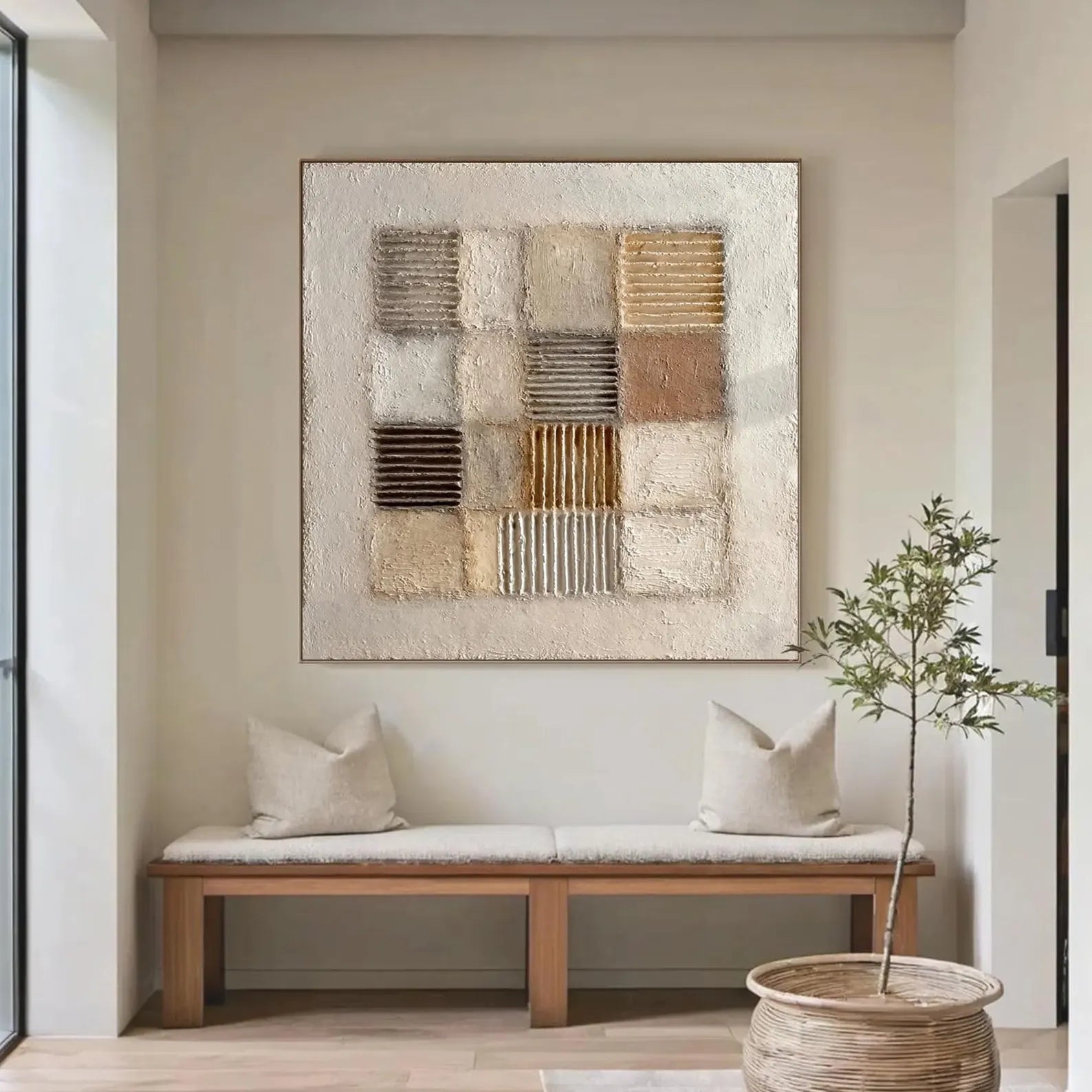 SAND GRID: Modern Square 3D Heavy Texture Wabi-Sabi Wall Art, Neutral Plaster Relief Mosaic
