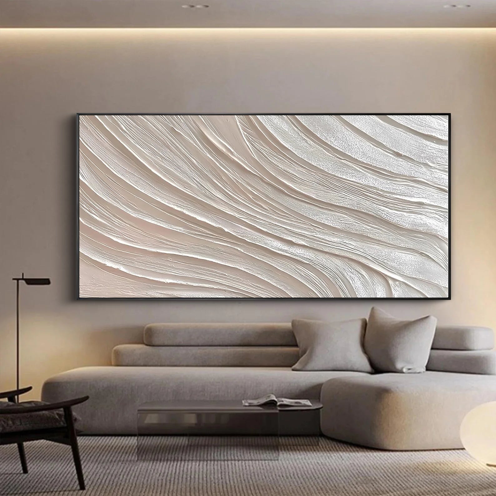 SILENT RHYTHM: Panoramic 3D Plaster Texture Wall Art, Modern Minimalist White Wave Relief
