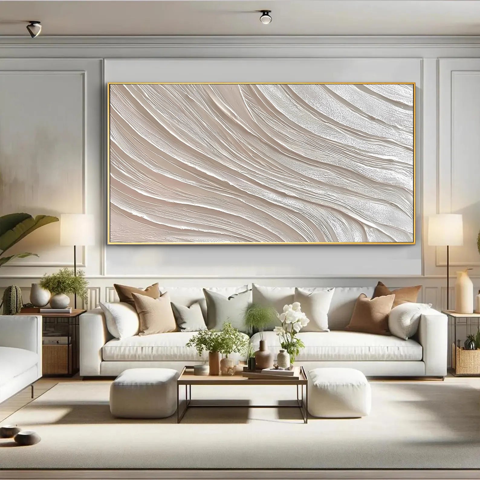 SILENT RHYTHM: Panoramic 3D Plaster Texture Wall Art, Modern Minimalist White Wave Relief