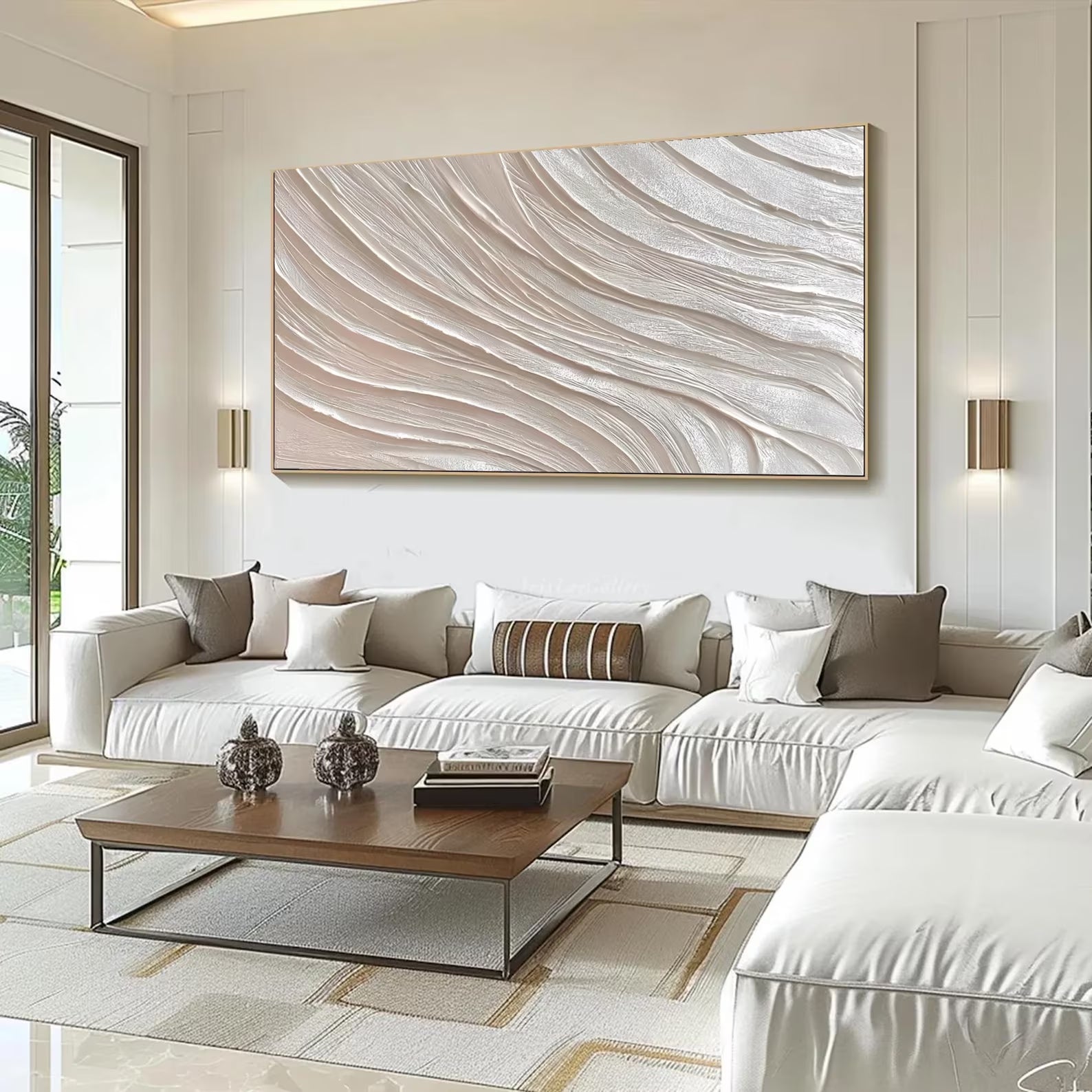 SILENT RHYTHM: Panoramic 3D Plaster Texture Wall Art, Modern Minimalist White Wave Relief