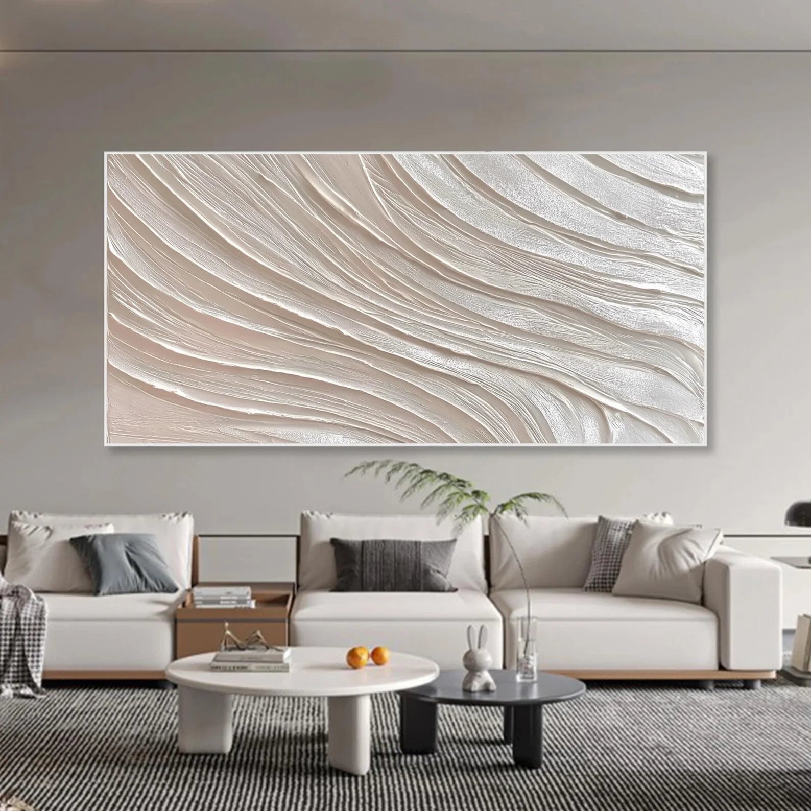 SILENT RHYTHM: Panoramic 3D Plaster Texture Wall Art, Modern Minimalist White Wave Relief